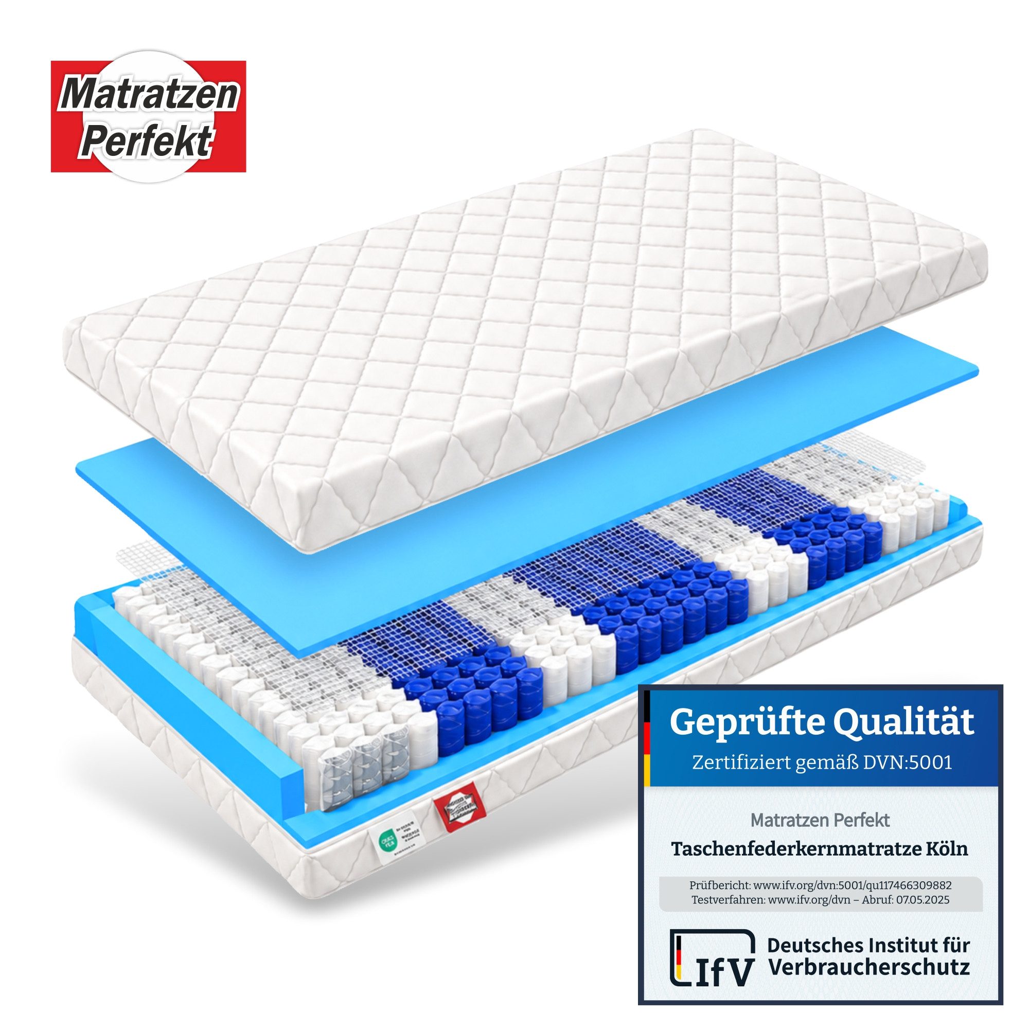 Taschenfederkernmatratze KÖLN, mit 7 ergonomische Liegezonen im Federkern, BELASTBAR BIS 160 KG, Matratzen Perfekt, 20 cm hoch, (90x200 cm 140x200 cm & alle Größen, ORTHOPÄDISCHE KÖRPERANPASSUNG), Zertifizierte Qualität, 30 Tage Probeschlafen