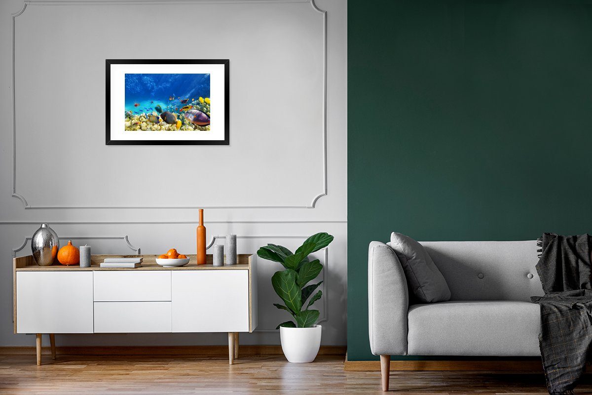 Gerahmtes Korallen Meer Kunstdruck, Fische Poster, St), Rahmen, mit MuchoWow - (1 Unterwasserwelt, Schwarzem - Bilderrahmen Poster -