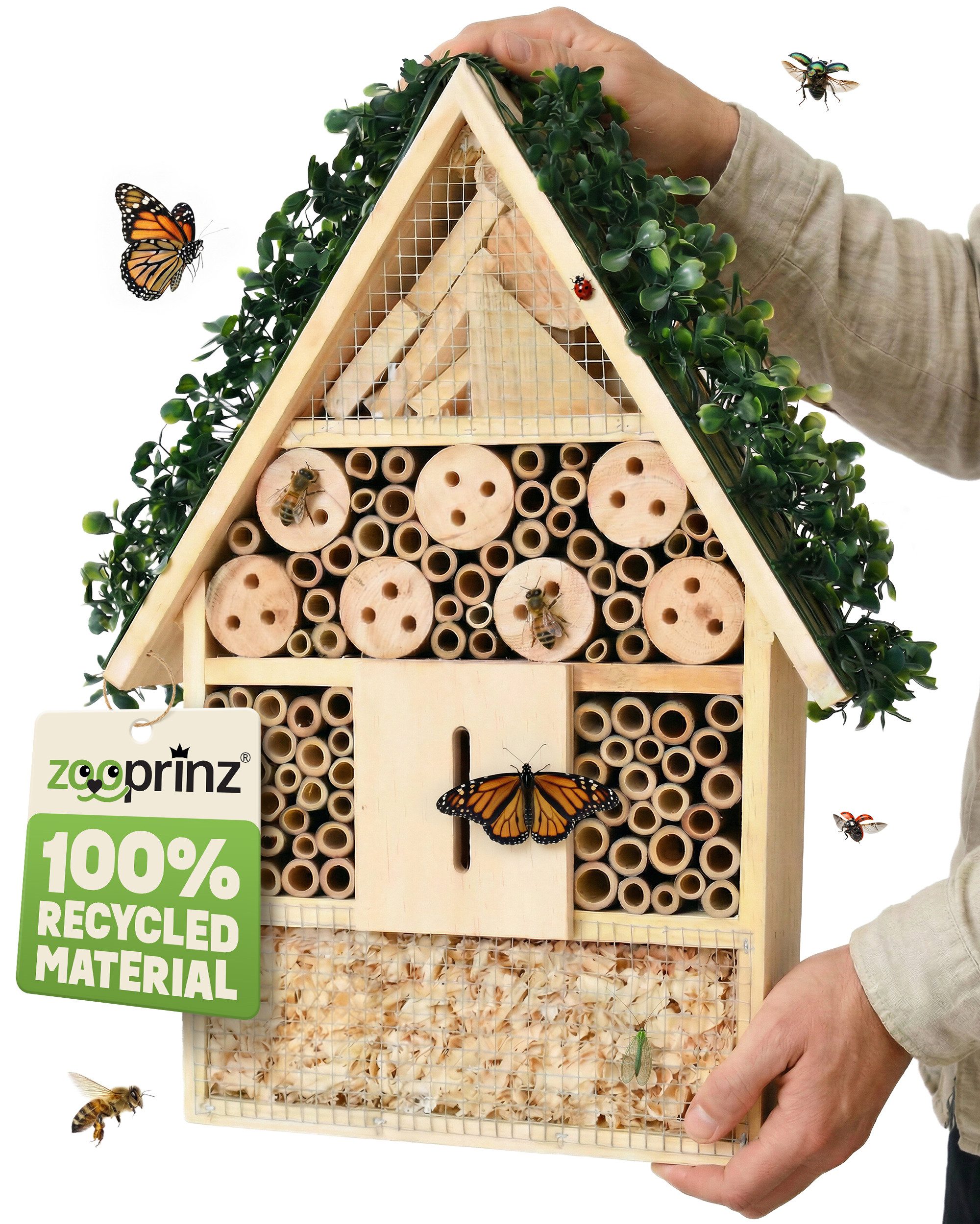 Zooprinz Insektenhotel Insektenhaus zum Aufhängen XXL Vollholz, Bambus, Holz, Holzspäne, Holz mit Löchern, 31x39 cm