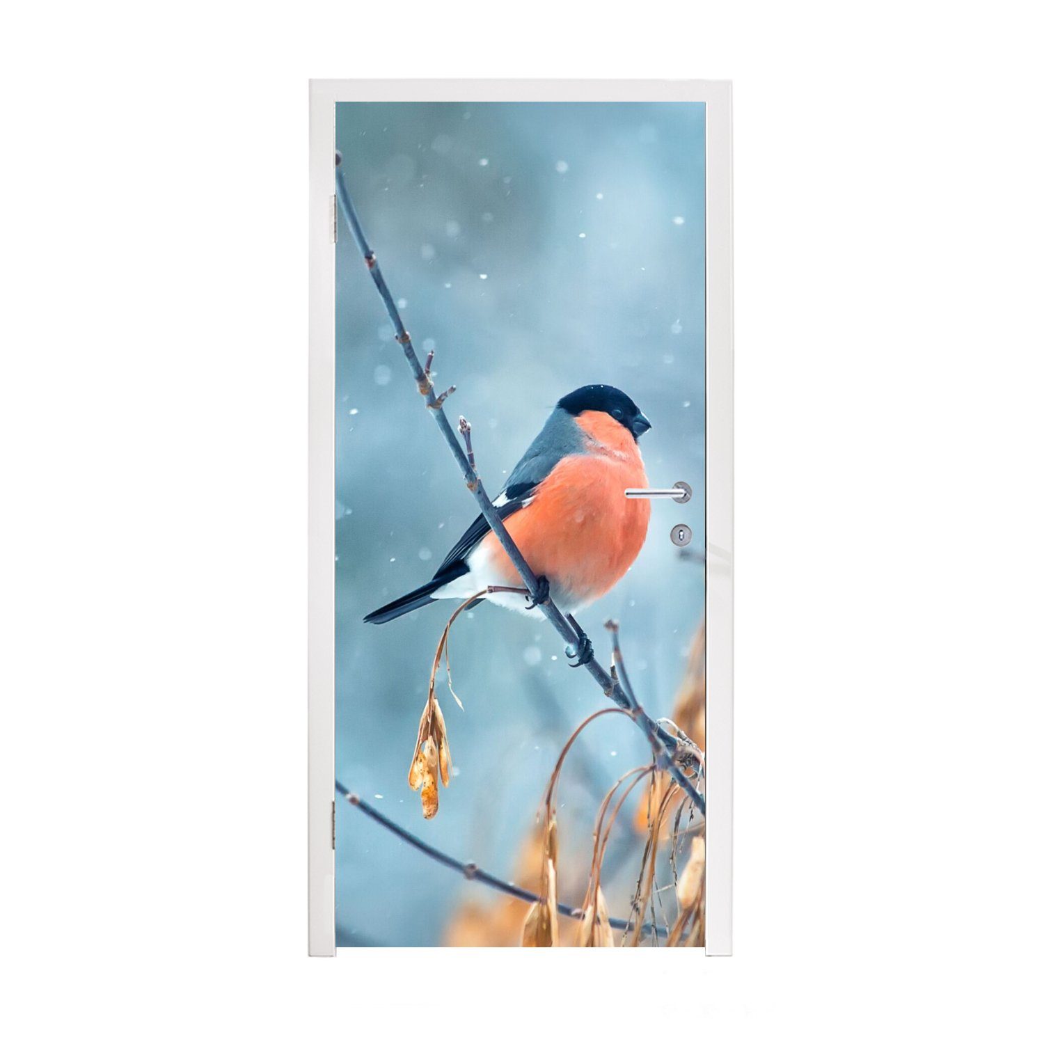 MuchoWow Türtapete Rotkehlchen - Vogel - Schnee - Herbstliche Blätter, Matt, bedruckt, (1 St), Fototapete für Tür, Türaufkleber, 75x205 cm