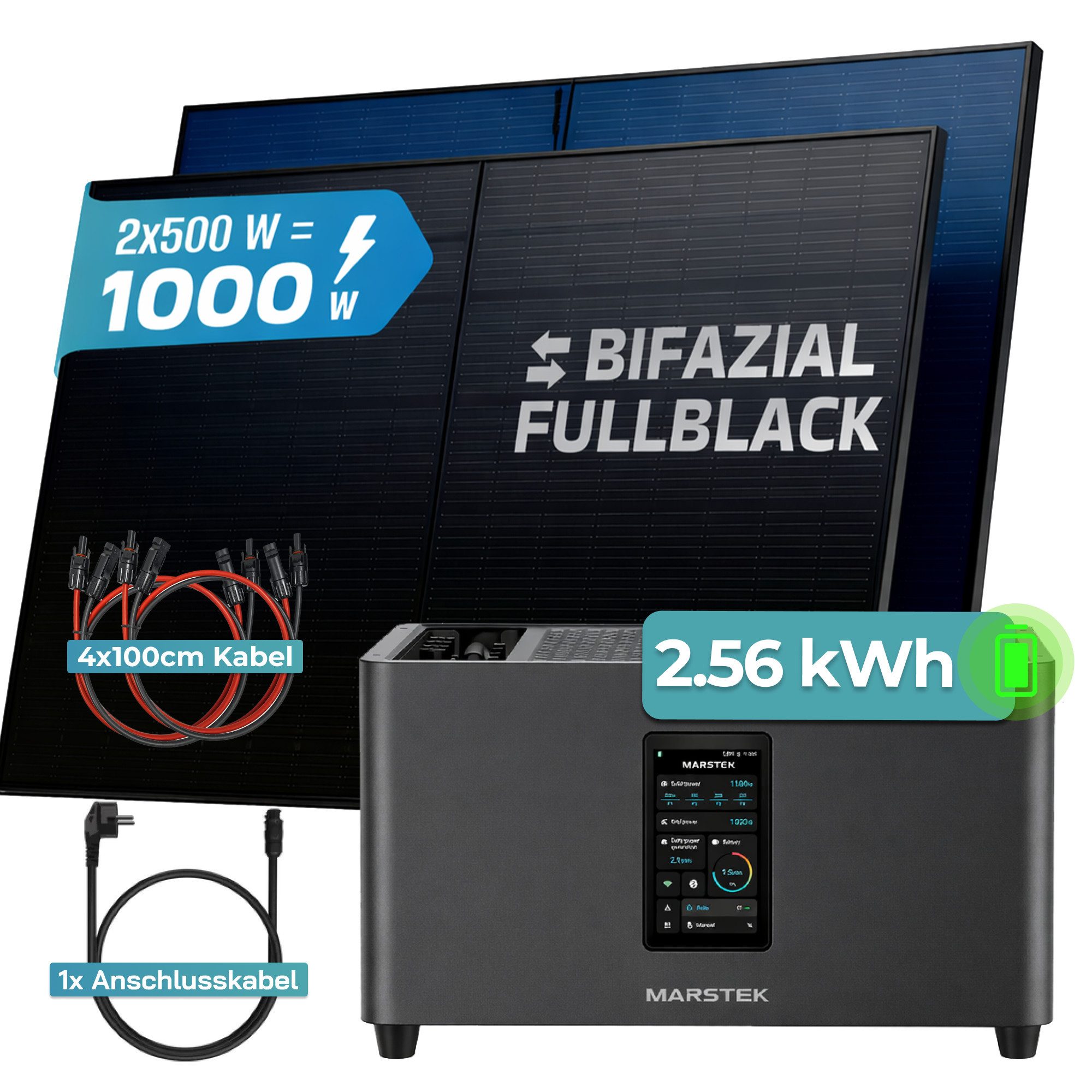 SUNNIVA Balkonkraftwerk 1000W mit 2,56 kWh Speicher MARSTEK Jupiter C + Plus, (BIFAZIAL FULLBLACK komplett Steckdose, PV Solaranlage Komplettset mit Solarspeich – Bild 2 von 5