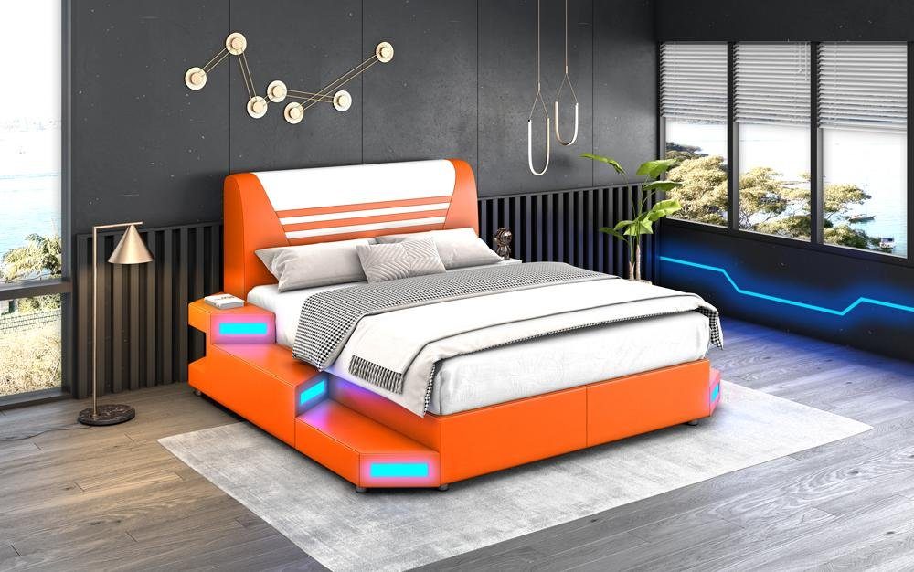 JVmoebel Bett Luxus Led Beleuchtetes Schlafzimmer Bett Lederbett 180x200 Möbel (Bett) Orange