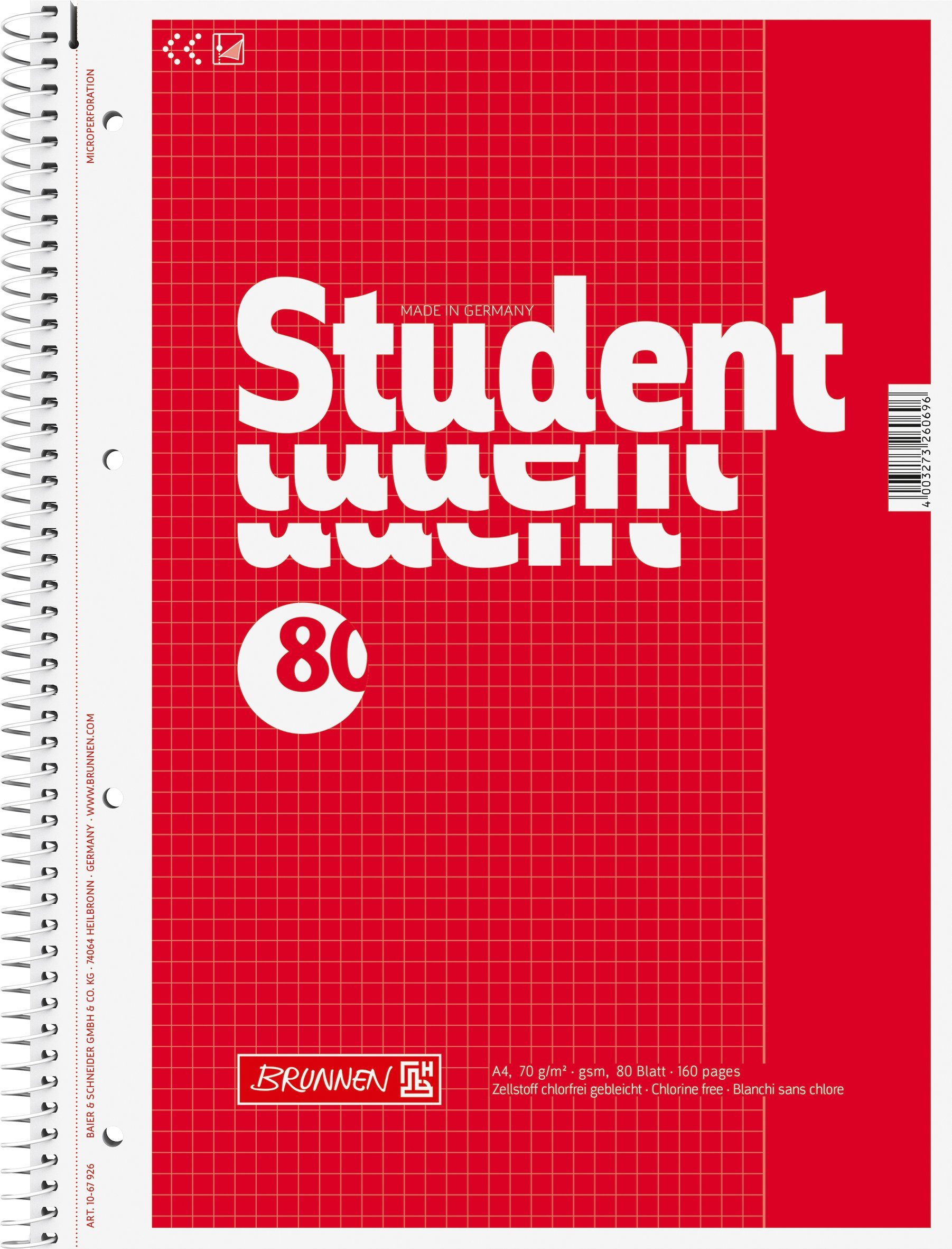 BRUNNEN Collegeblock Collegeblock Student A4 kariert, mit Rand, Lin. 26 Deckblatt: rot