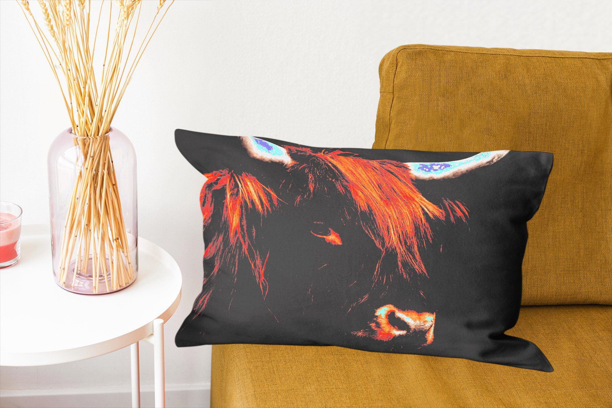 MuchoWow Dekokissen - Kuh Schlafzimmer Zierkissen, Tiere, mit Horn - Highlander Schottischer - Dekoration, Dekokissen Schwarz Füllung, - Wohzimmer