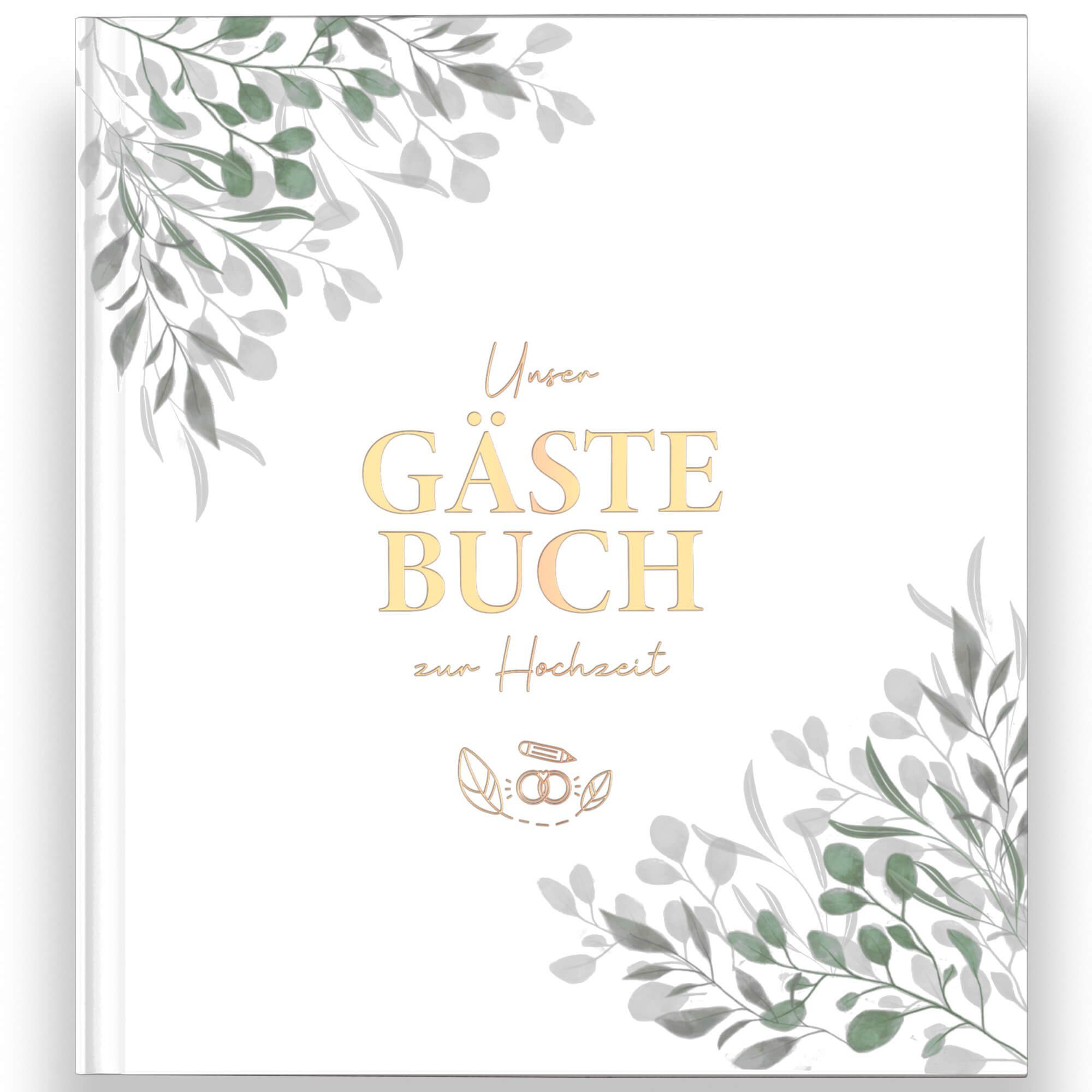 Fragen, Hochzeit, Notizbuch Design, Edles & GOLD mit Greenery zum Gästebuch Hochzeitsgästebuch Gästebuch LEAF