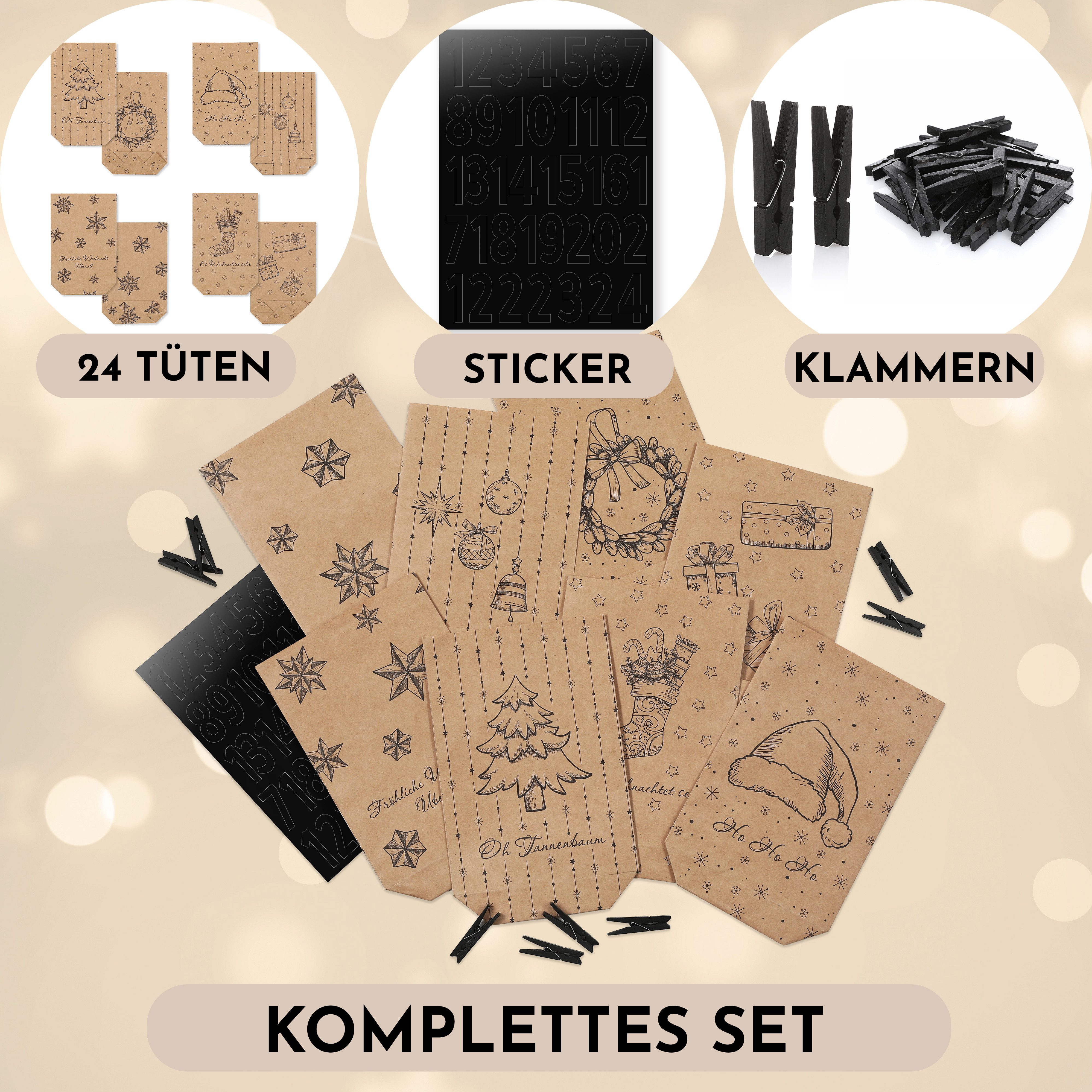 Nordstern befüllbarer Adventskalender Set mit 24 Tüten, Mini Klammern und Zahlen Aufklebern, zum Basteln für Kinder, Frau und Mann