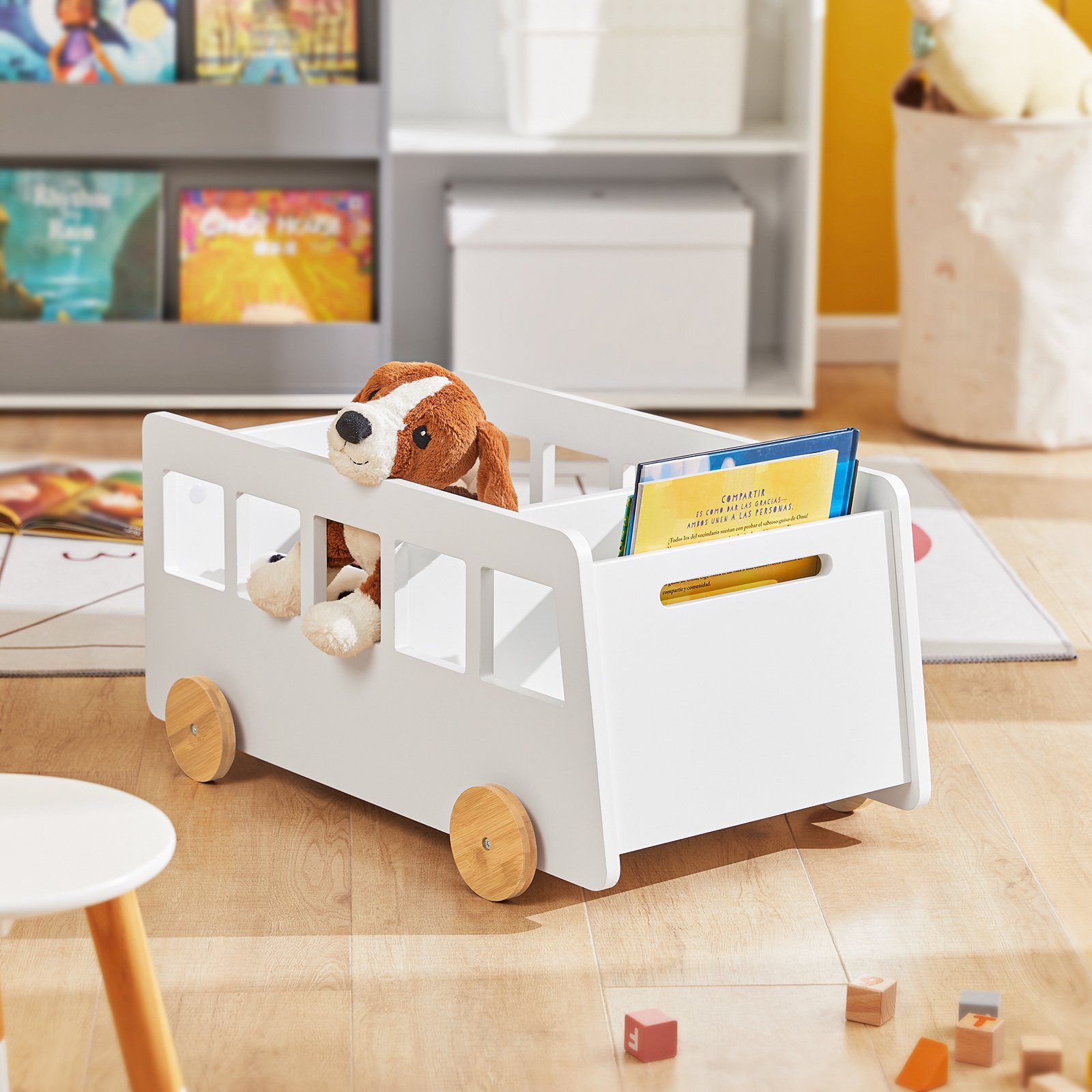 SoBuy Bücherregal KMB41, Spielzeugtruhe Kinderzimmerregal mit Rollen, Bücherregal Kinder, Kinderregal Aufbewahrungsregal für Kinder Bücherständer Spielzeugregal