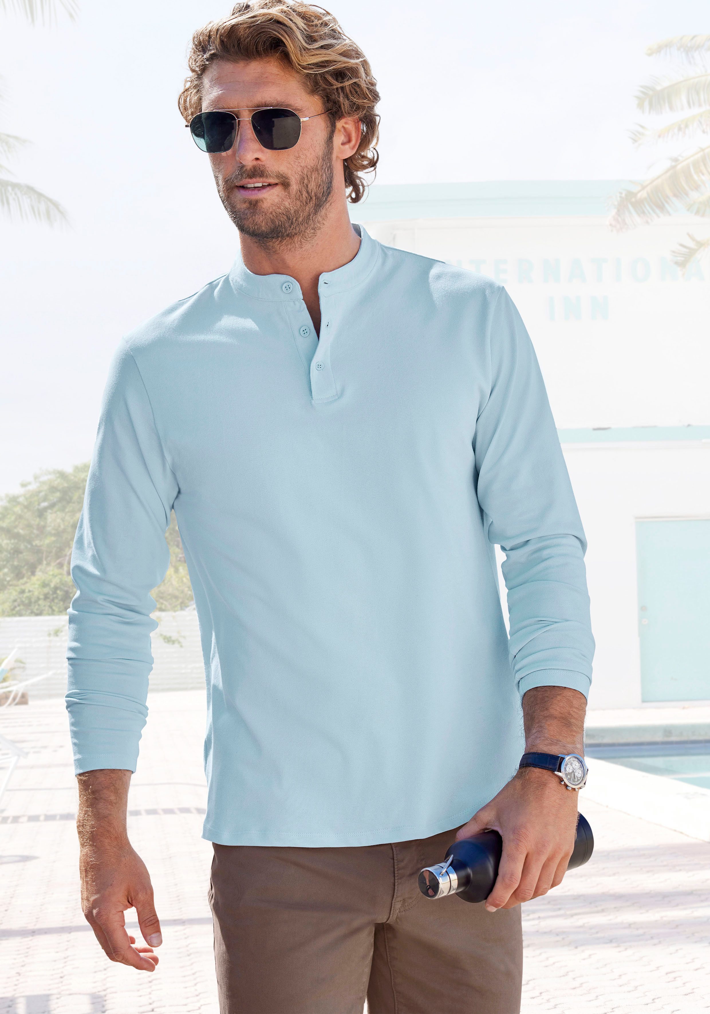 John Devin Henleyshirt mit Stehkragen Regular-Fit, aus Baumwoll-Piqué
