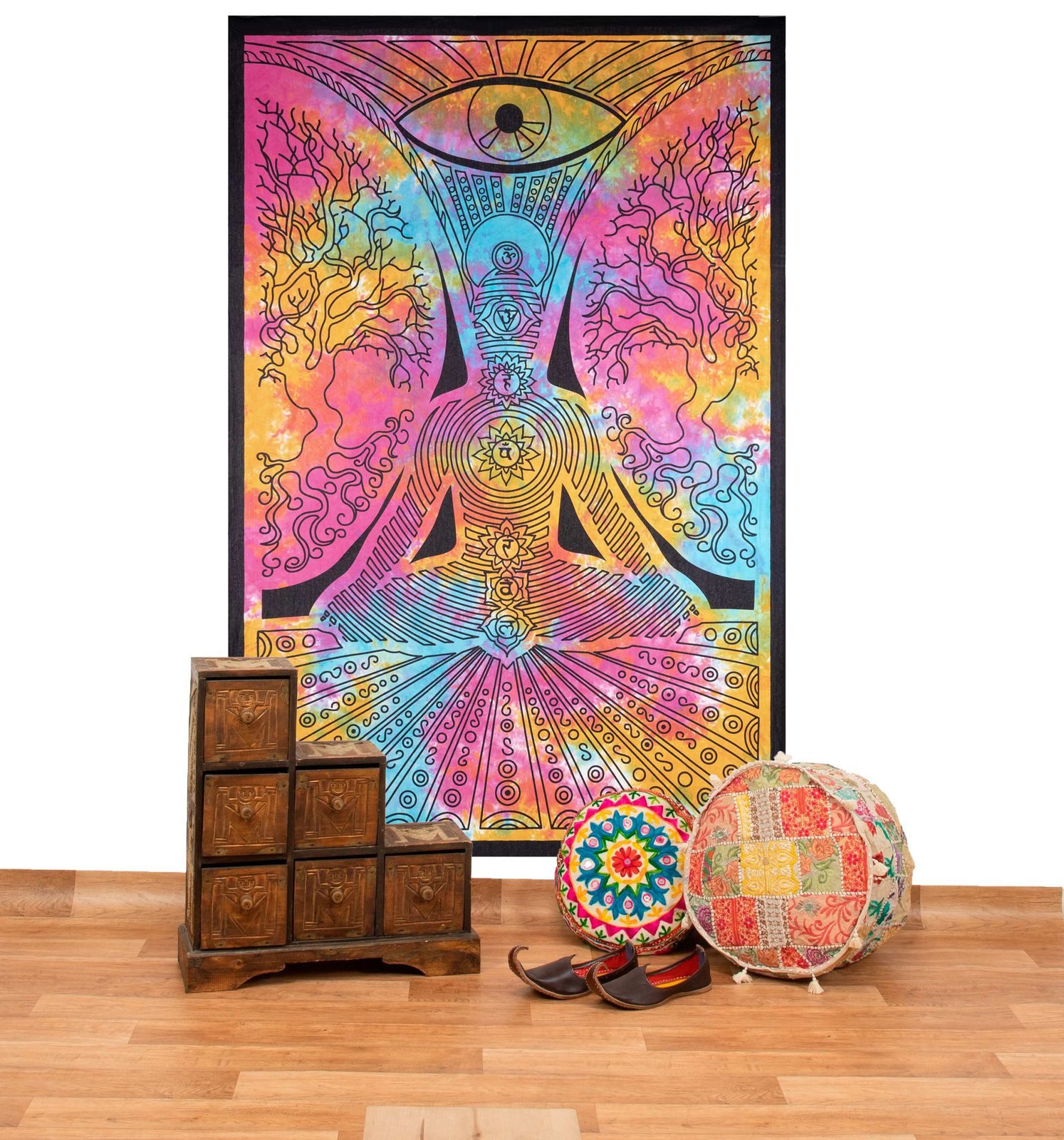 KUNST UND MAGIE Wandteppich Tagesdecke Wandbehang Bunt Tuch Buddha Chackra Meditation 200x135cm