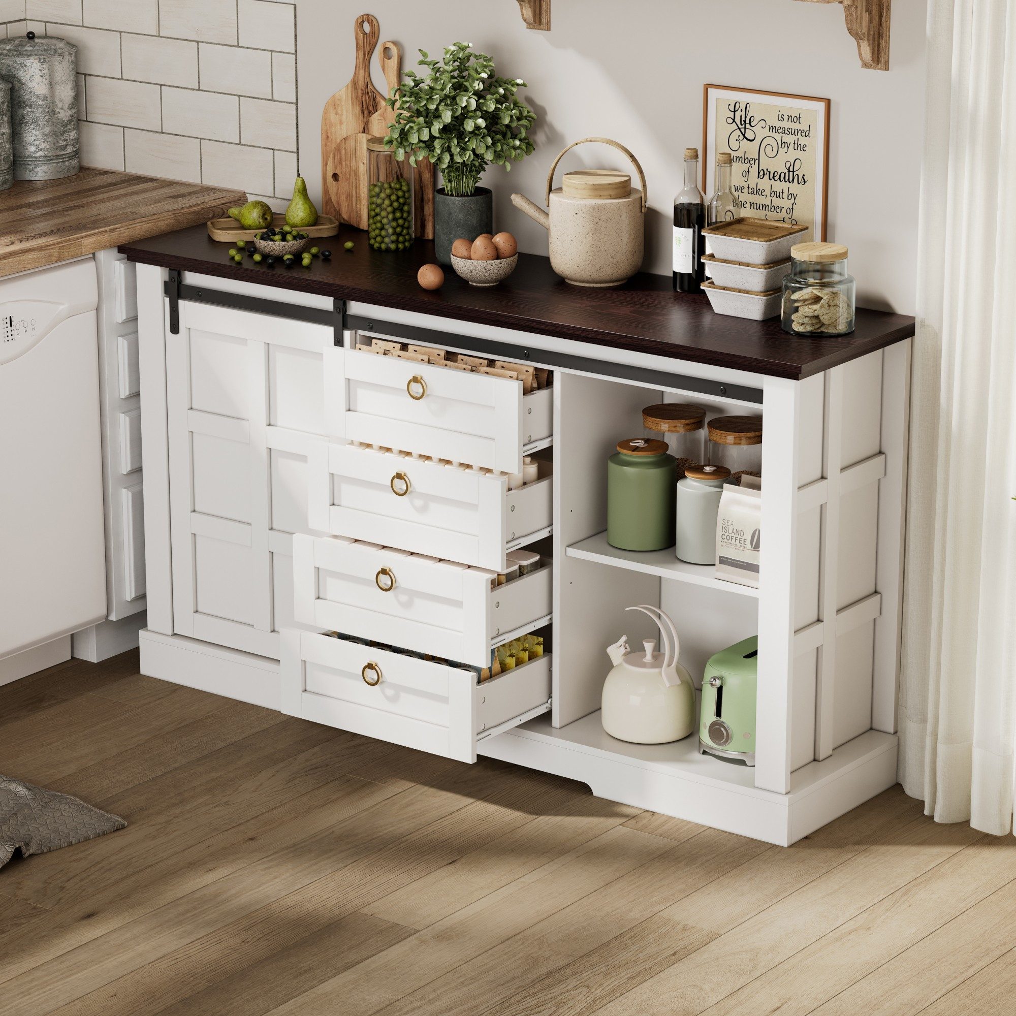 Flieks Kommode Sideboard mit Schubladen, Schiebetür & Walnussholzfarbe Arbeitsplatte (1 St., B150/T40/H85 cm), Mehrzweckschrank mit verstellbaren Einlegeböden Landhausstil, Weiß