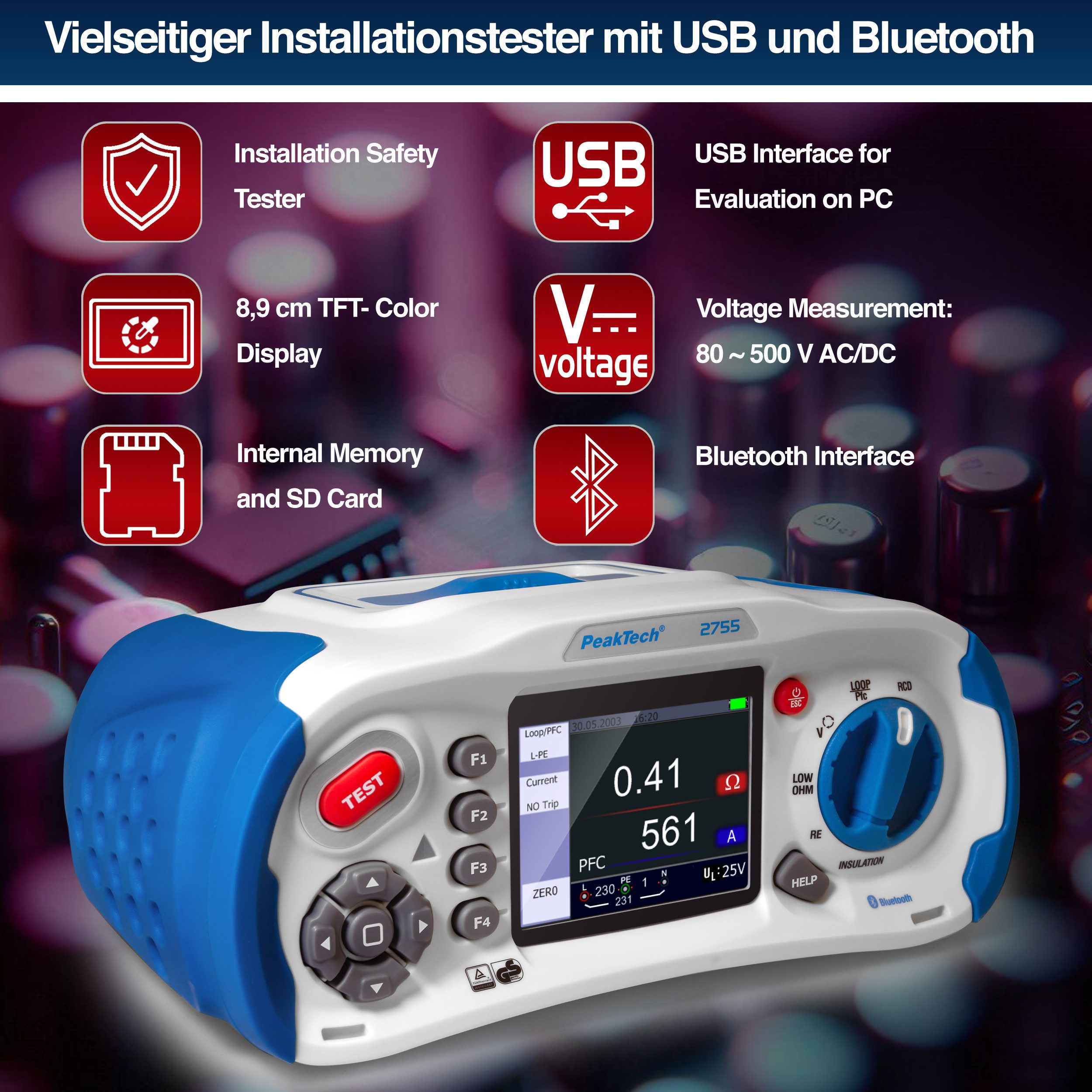 PeakTech Multimeter PeakTech P 2755: VDE 0100 Installationstester, (1 St)