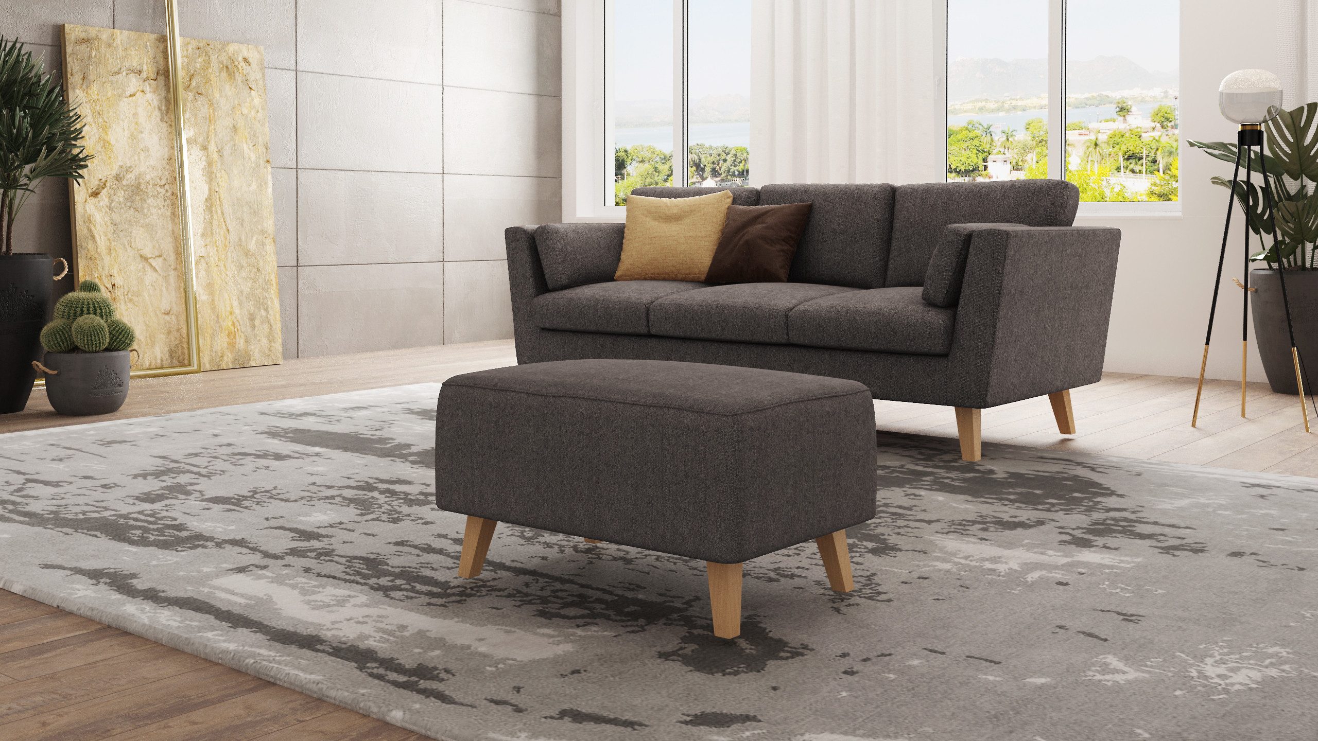 S-Style Möbel Polsterhocker Angeles mit Holzfüßen im skandinavischen Stil, mit Wellenfederung