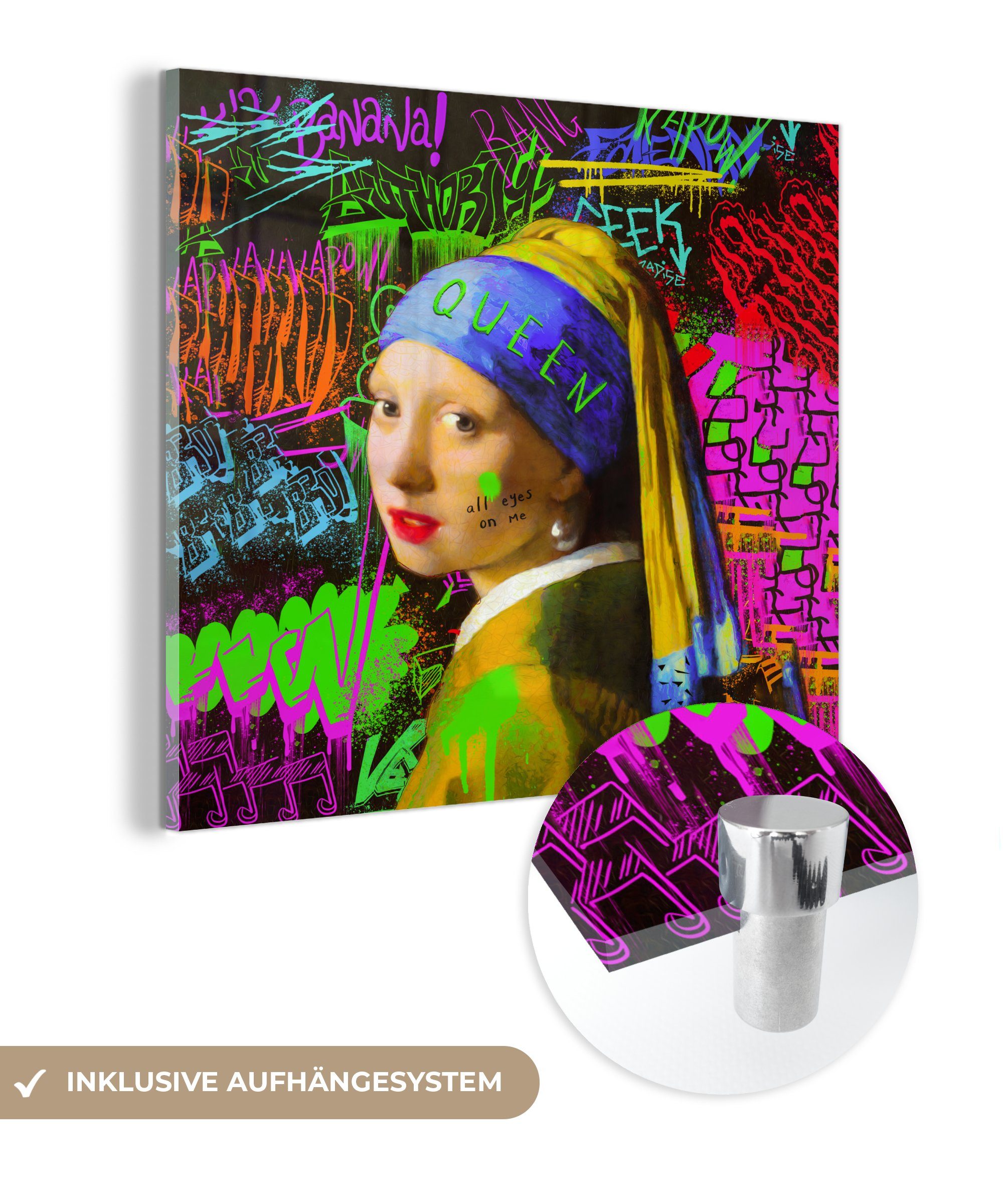 MuchoWow Acrylglasbild Girl with a Pearl Earring - Neon - Graffiti, (1 St), Glasbilder - Bilder auf Glas Wandbild - Foto auf Glas - Wanddekoration