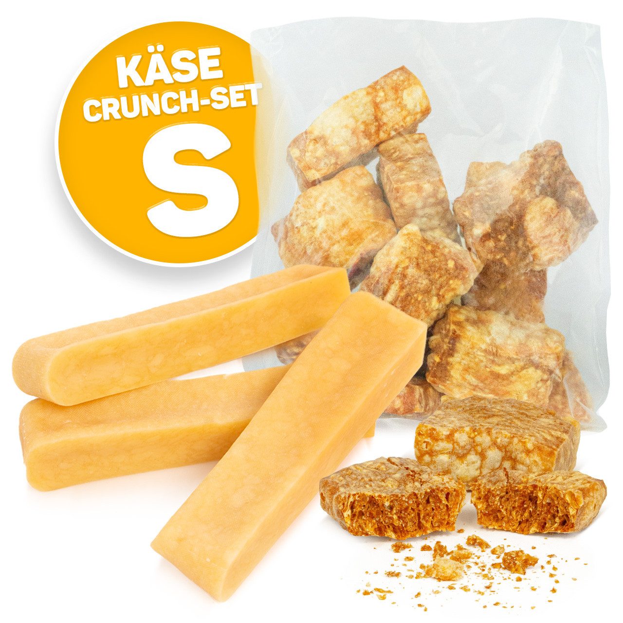 Larsson Farm Kauspielzeug Yaky Crunch Cheese + Yaky Käse Kaustangen Bundle, Crunch Cheese 130g Beutel + 3x S Kaustange