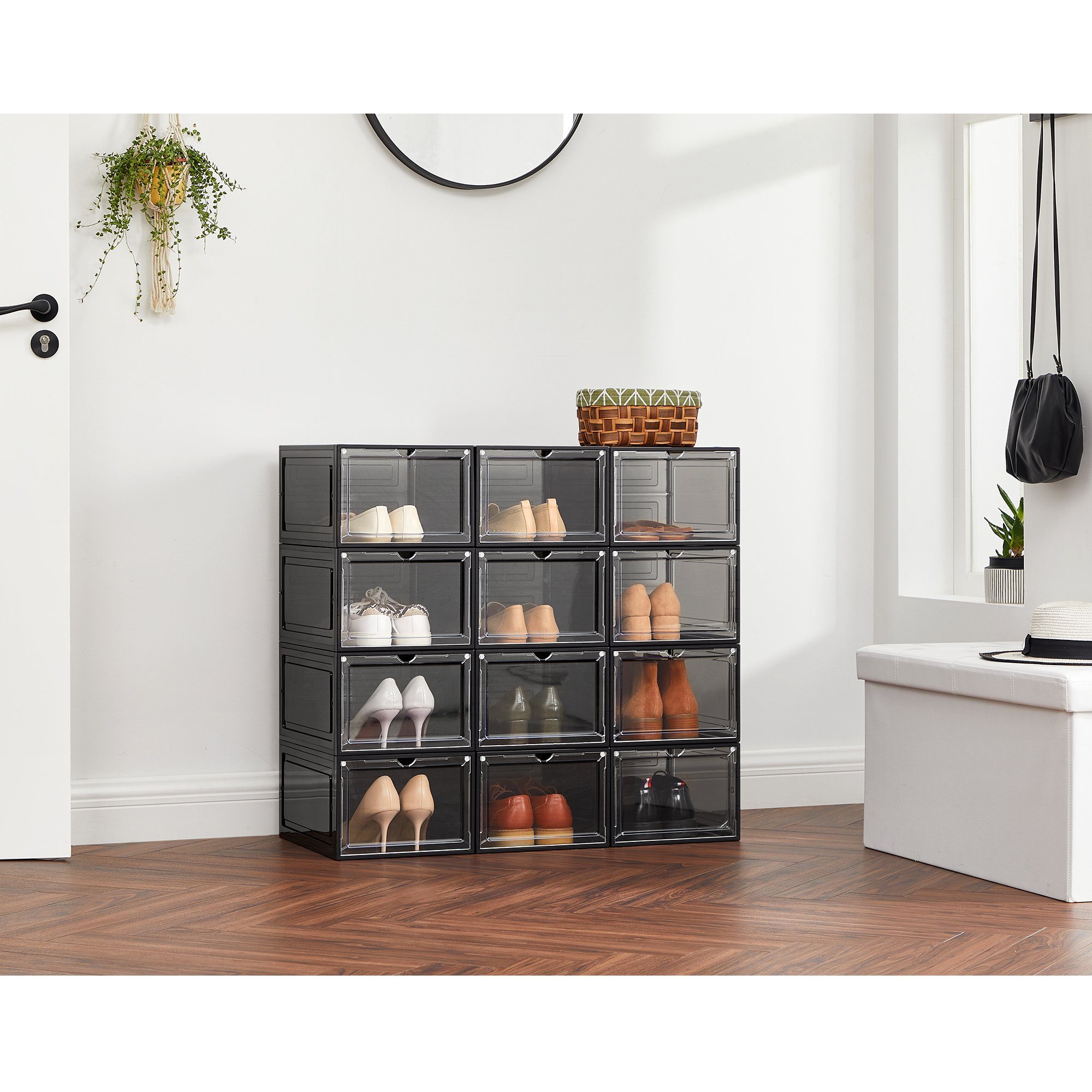 SONGMICS Schuhbox Schuh-Organizer aus Kunststoff, Magnetische Frontklappe (12 St), stapelbar, 27 x 34,5 x 19 cm, für Schuhe bis Größe 46