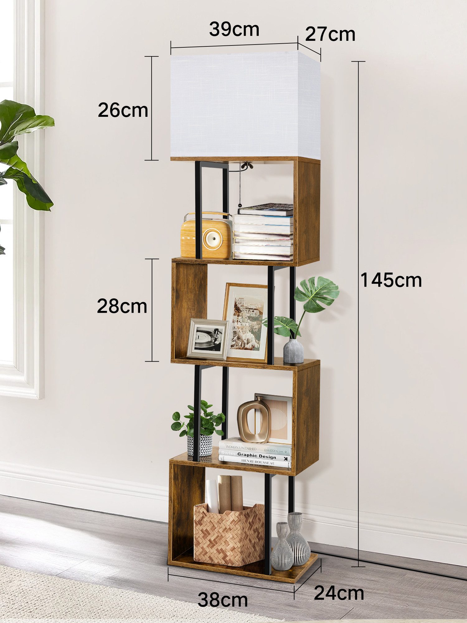 OUTON Stehlampe S-förmiges Bücherregal mit Beleuchtung, 4 Ebenen, Fernbedienung, 3000K-6000K, gelb/schwarz – Bild 3 von 5