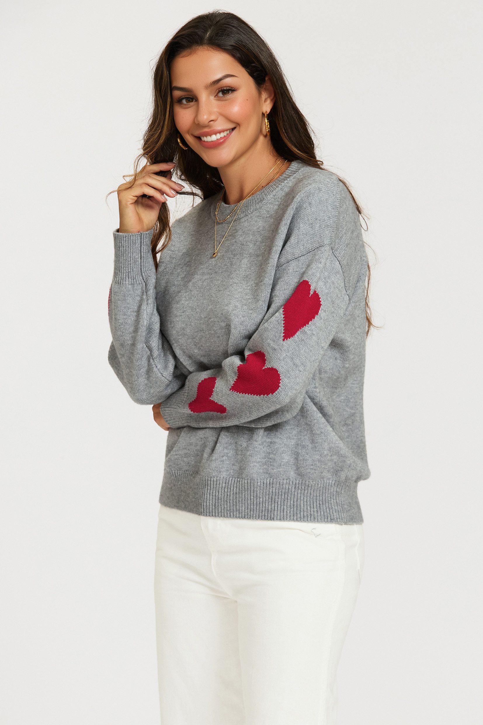 FS Collection Strickpullover Damen Strickpullover in Grau mit Herzmuster an den Ärmeln (Einheitsgröße: UK 8–14 / EU 36–44) 56 % Viskose, 26 % Polyester und 18 % Wolle