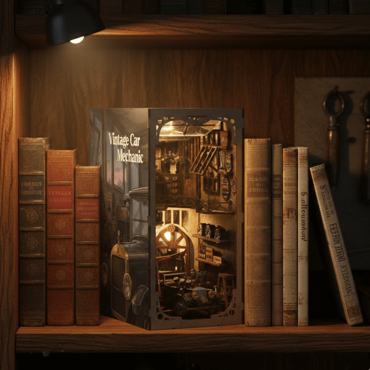 MagicHolz Buchstütze Vintage Car Mechanic Book Nook
