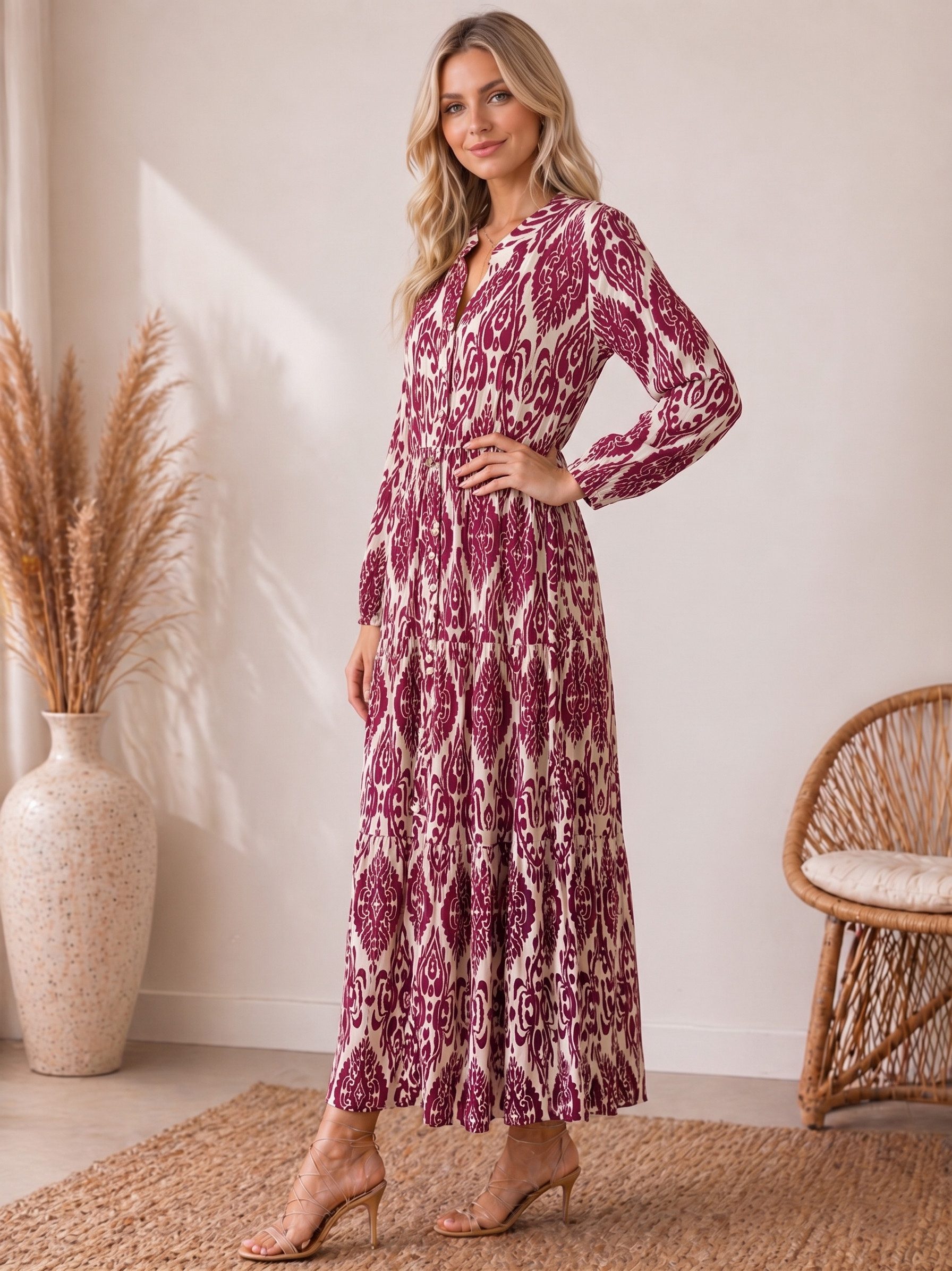 Kendindza Collection Maxikleid Sommerkleid Damen Lang Viskose Elegantes Sommer Kleid lang Maxi Kleid Ikat-Print Knopfleiste & Schnurbund, Luftig Leicht