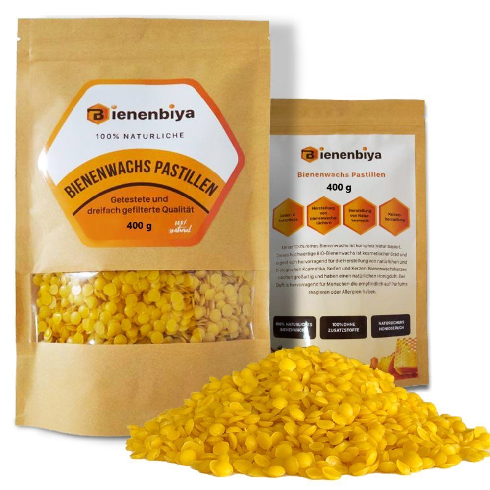 Bienenbiya Bienenwachskerze 400g 100% Reine Bienenwachs Pastillen ohne Zusatzstoffe (natürliches Beeswax für Salben,Kosmetika,Seifen,Kerzenherstellung und Leder-/Holzpflege), 100% natürlich ohne zusatzstoffe