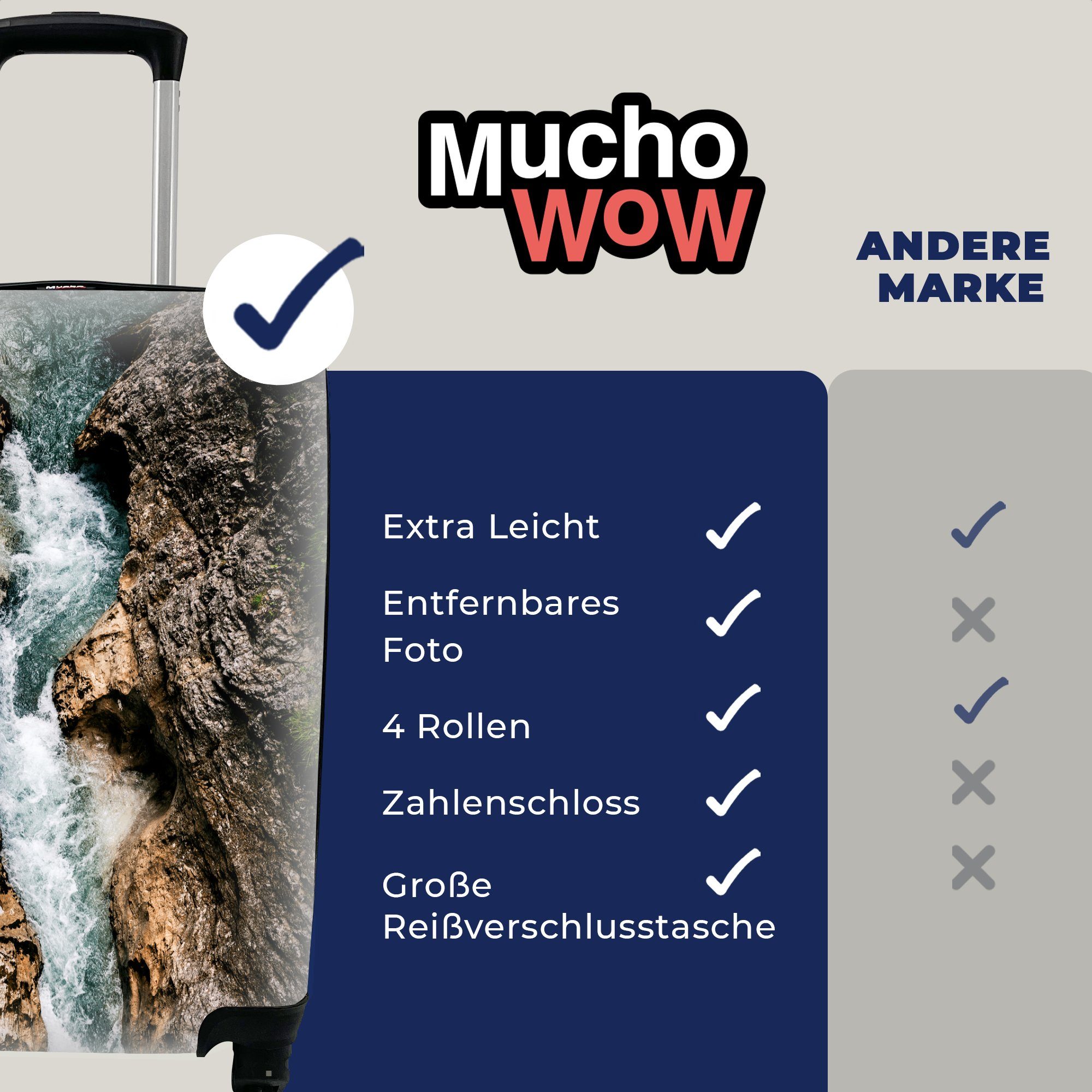 Reisekoffer Handgepäck Fels, - MuchoWow Rollen, - Reisetasche Alpen Fluss Handgepäckkoffer für rollen, Trolley, 4 Ferien, mit