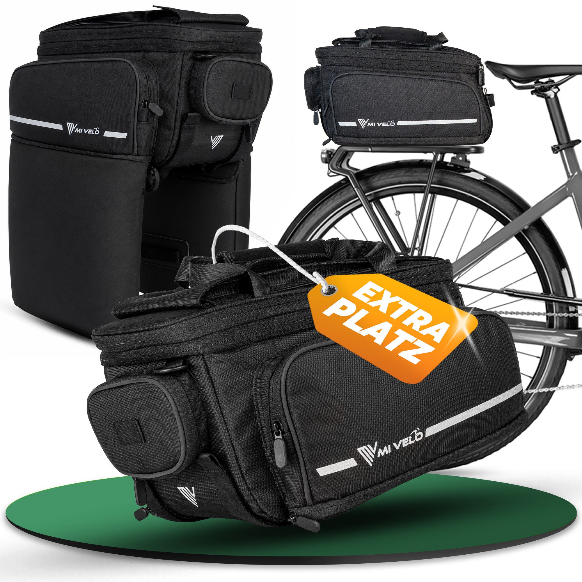 MIVELO Gepäckträgertasche für Fahrrad & E-Bike, wasserabweisend, erweiterbar 17–25 L, 13 Fächer, inkl. Regenüberzug und reflektierenden Elementen