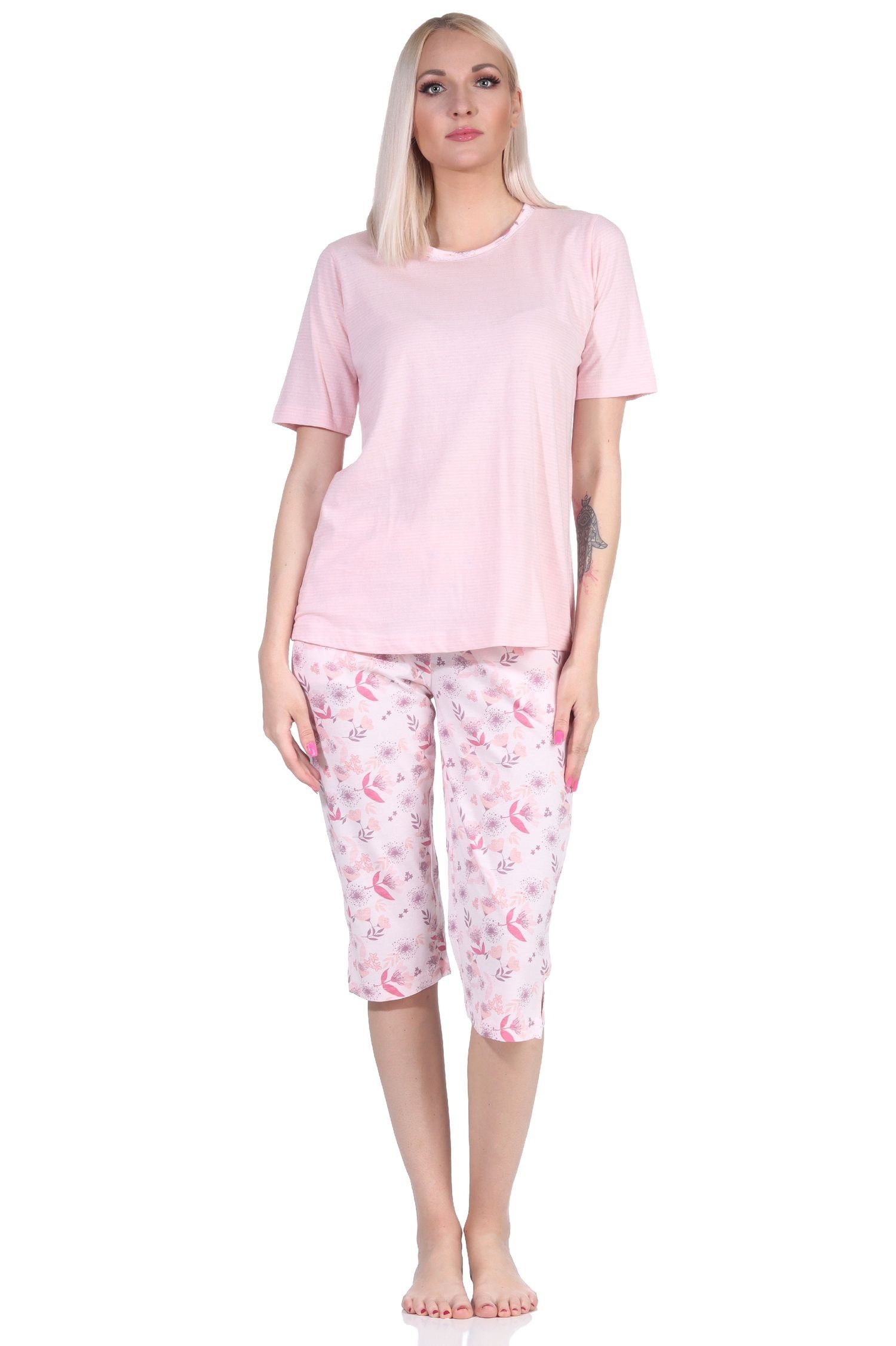 Normann Pyjama Damen Schlafanzug kurzarm mit Capri-Hose und Spitze rosa