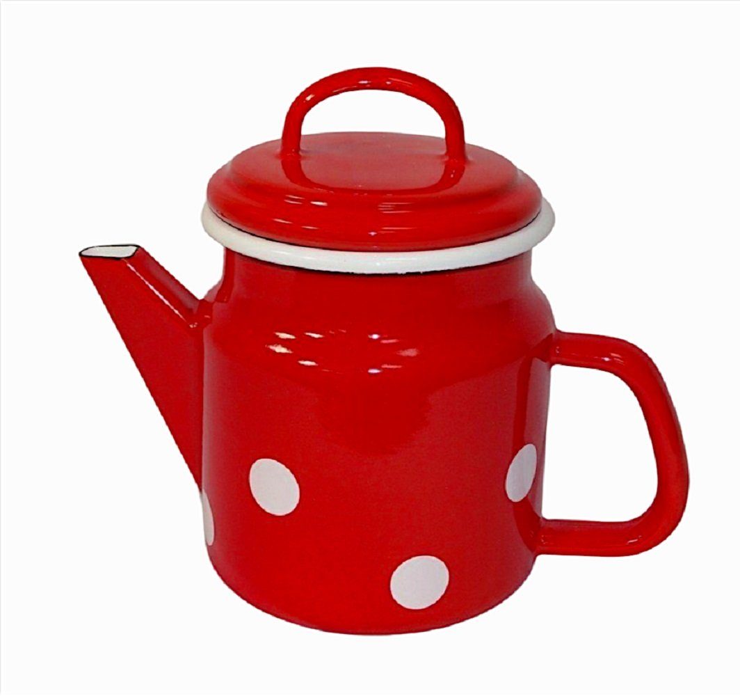 Linoows Kanne Emaille Teekanne, Deckelkanne, Teepott 1,0 Liter, 1.0 l, (Set), Rote Retro Teekanne mit weißen Tupfen 1,0 Liter