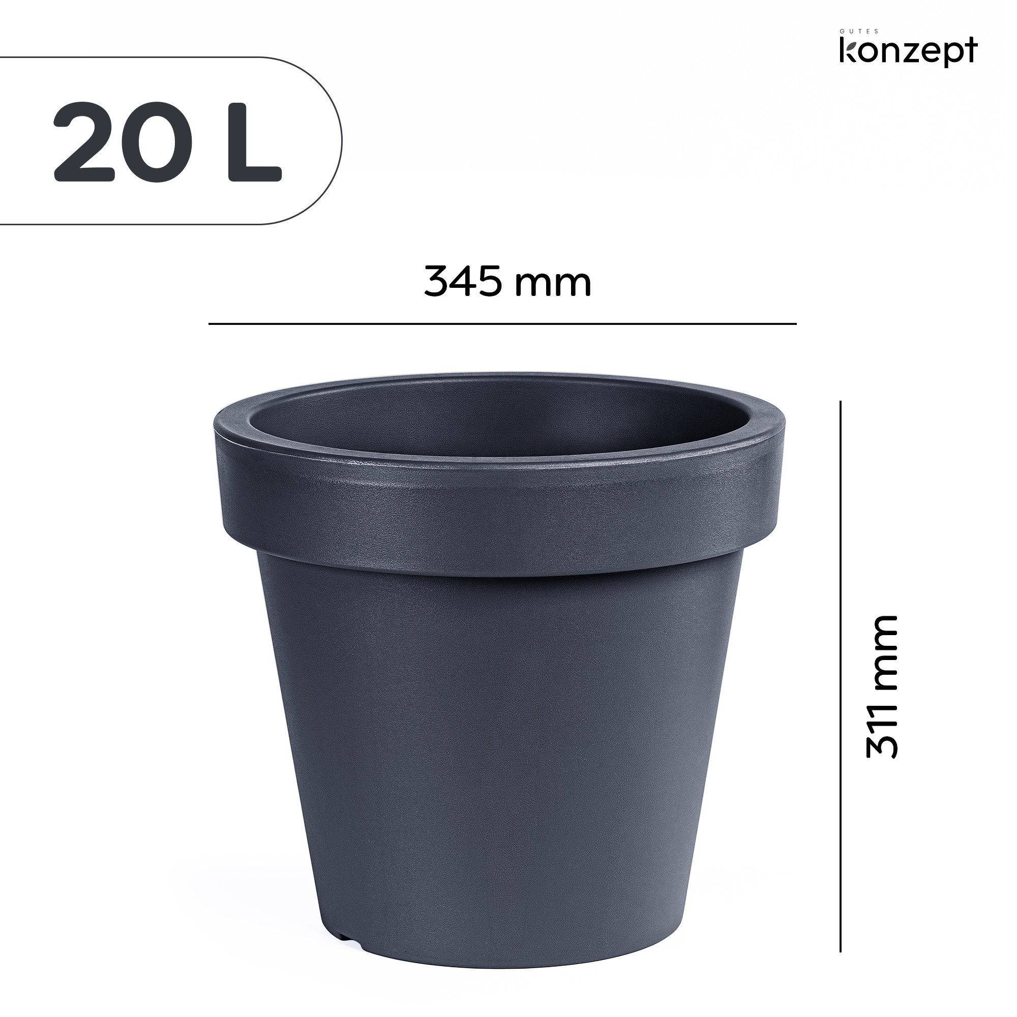 KONZEPT Blumentopf aus Kunststoff, 35 cm Durchmesser, in konischer Optik, Geprägtem Rand, Konische Form, Stapelbar, Volumen: 18,8 L