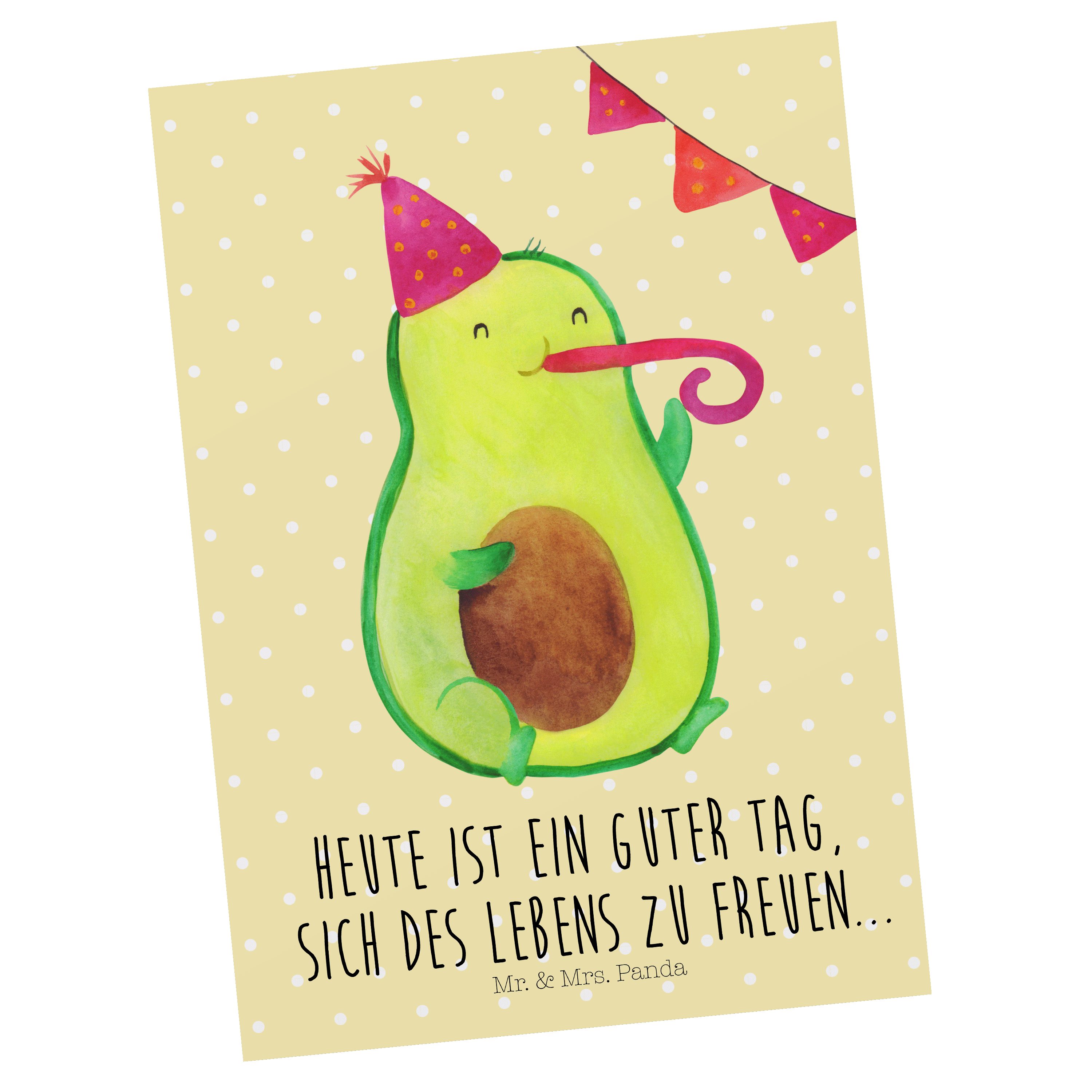 Mr. & Mrs. Panda Postkarte Avocado Party - Gelb Pastell - Geschenk, Vegan, Dankeskarte, Einladun