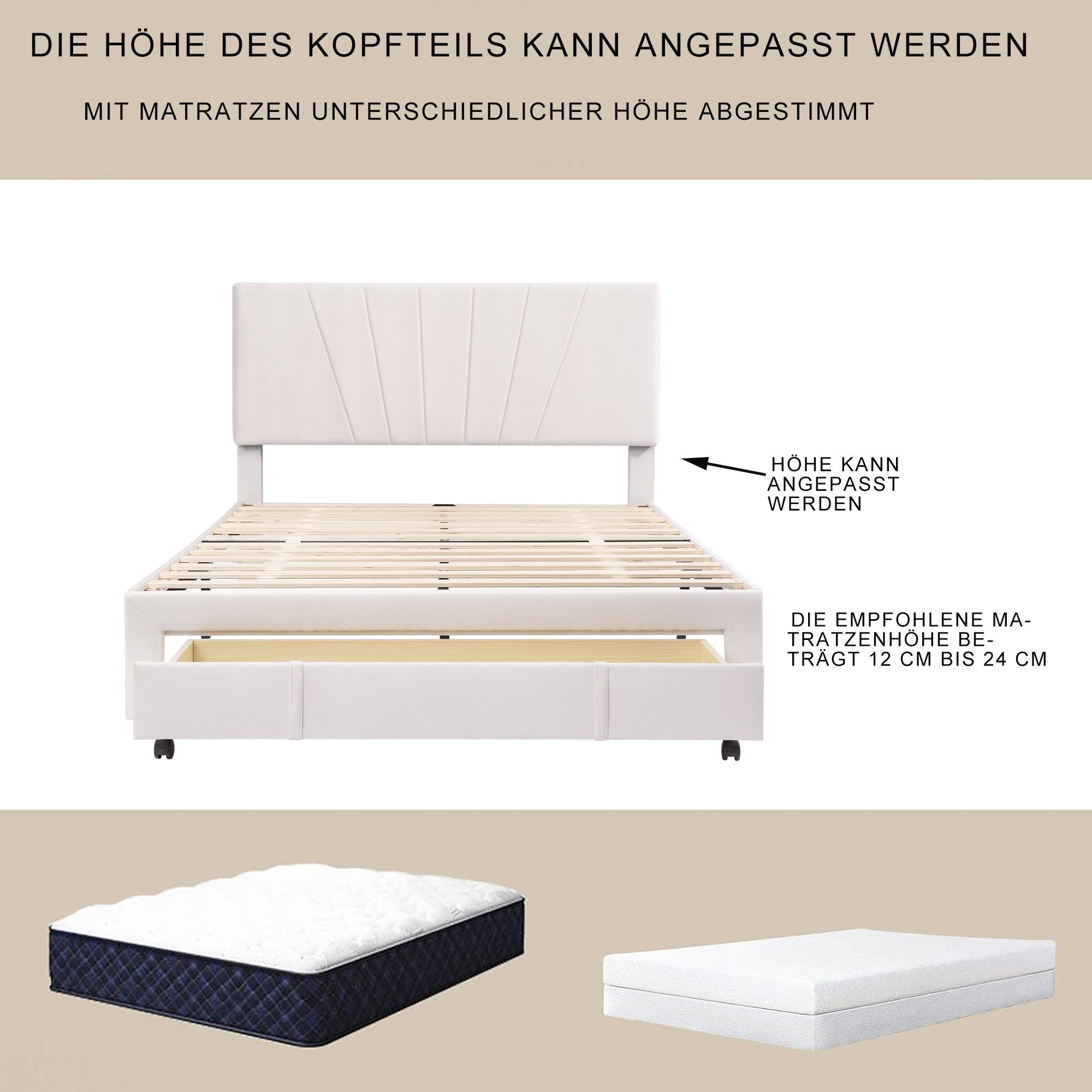 REDOM Polsterbett Doppelbett Bett großer (mit Bettgestell ohne Holzbett mit Hellgrau und Schublade) 140*200 Matratze cm Rückenlehne