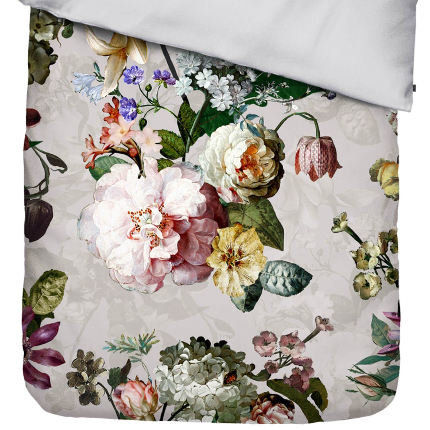 Essenza Bettwäsche Fleur Grey Satin, Satin, 2 teilig, Rosen, Lilien, Dahlien, Geblümt