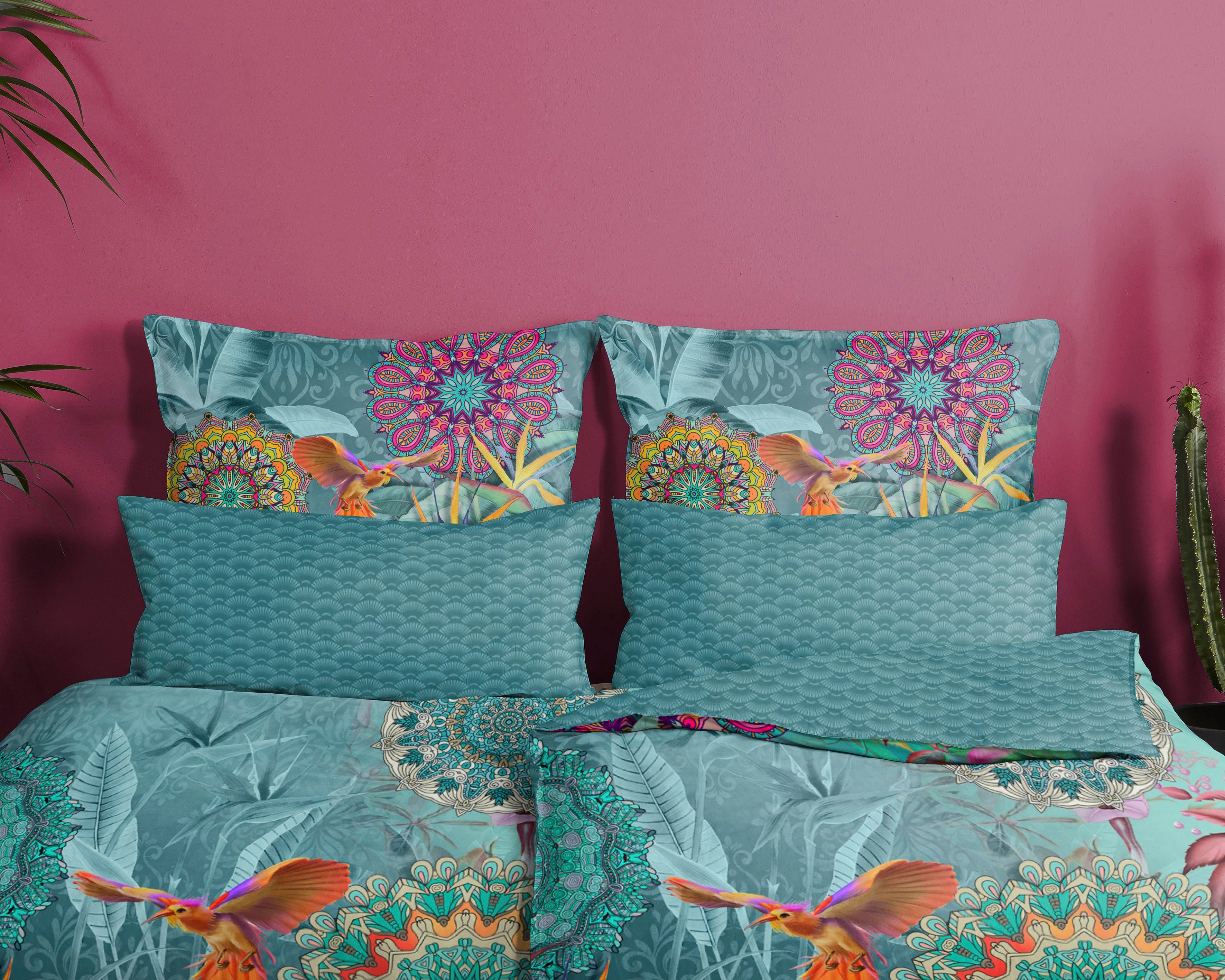 hip Wendebettwäsche Lovise, Satin, 2 teilig, Mako-Satin, 135x200, Reißverschluss, Wendeoptik, Mandala Blumen Petrol