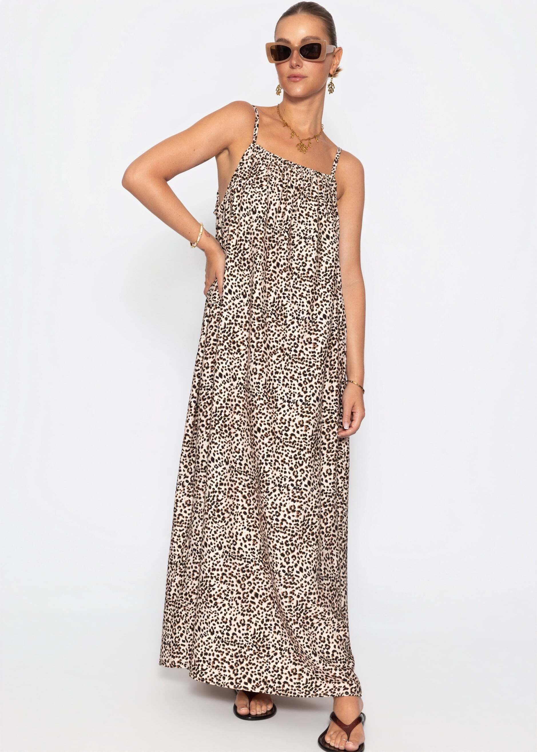 SASSYCLASSY Maxikleid Lockeres Trägerkleid mit Leo-Print für Damen Fließendes Maxikleid mit Spaghettiträgern und geradem Ausschnitt