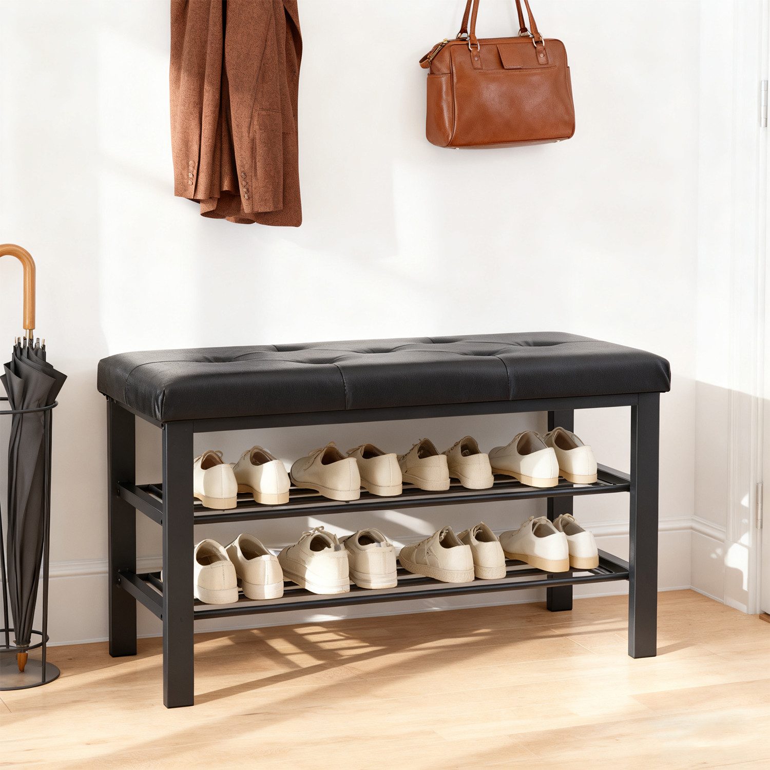 ANYSUN Schuhbank mit Sitzkissen, Schuhregal mit 3 Ebenen, aus Metall und Kunstleder (1-St), Schuhaufbewahrung für Wohnzimmer Eingangsbereich, 80 x 30 x 50 cm