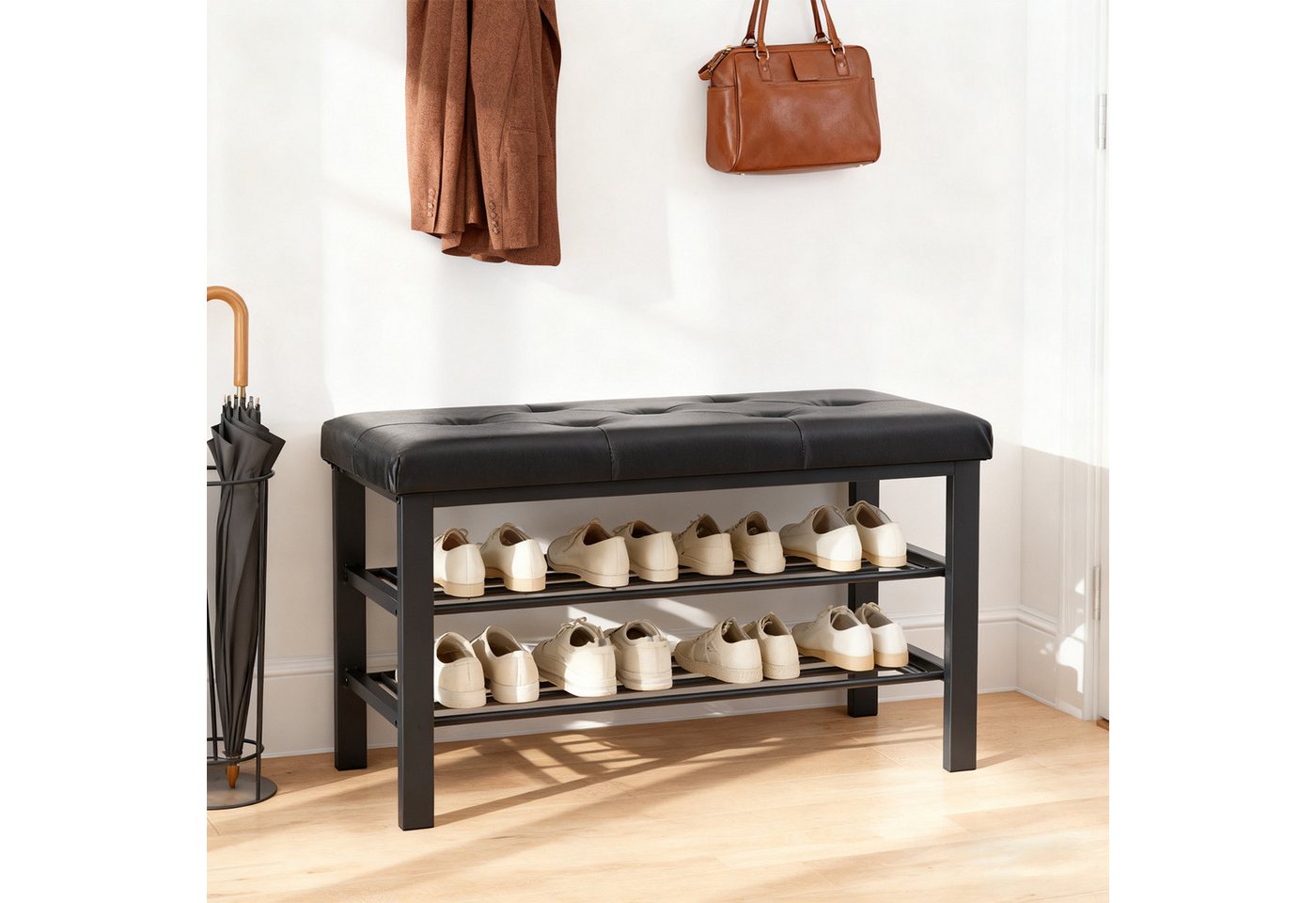 ANYSUN Schuhbank mit Sitzkissen, Schuhregal mit 3 Ebenen, aus Metall und Kunstleder (1-St), Schuhaufbewahrung für Wohnzimmer Eingangsbereich, 80 x 30 x 50 cm