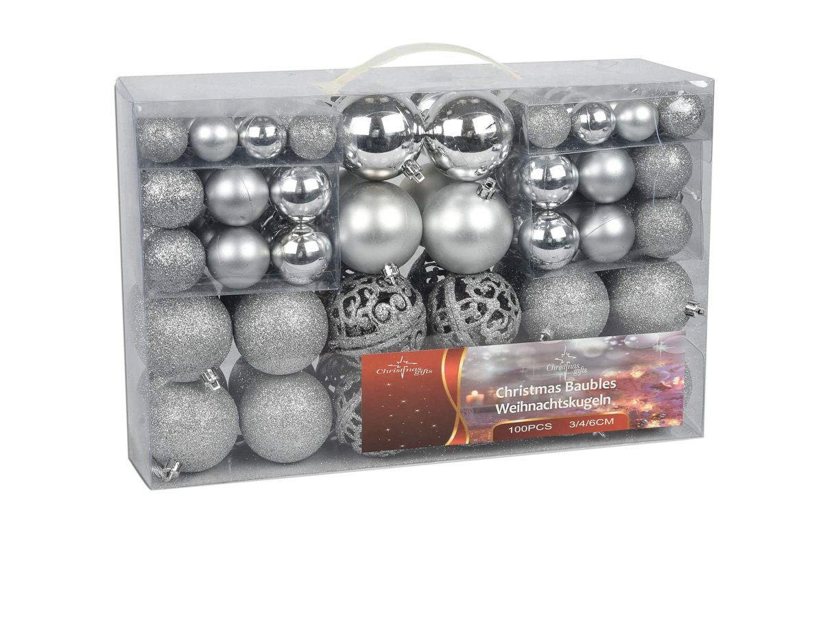 Bubble-Store Weihnachtsbaumkugel 100 Weihnachtskugeln in 4 verschiedene Dekors, Weihnachtskugeln 3 Größen Ø 3, 4, 6 cm silber