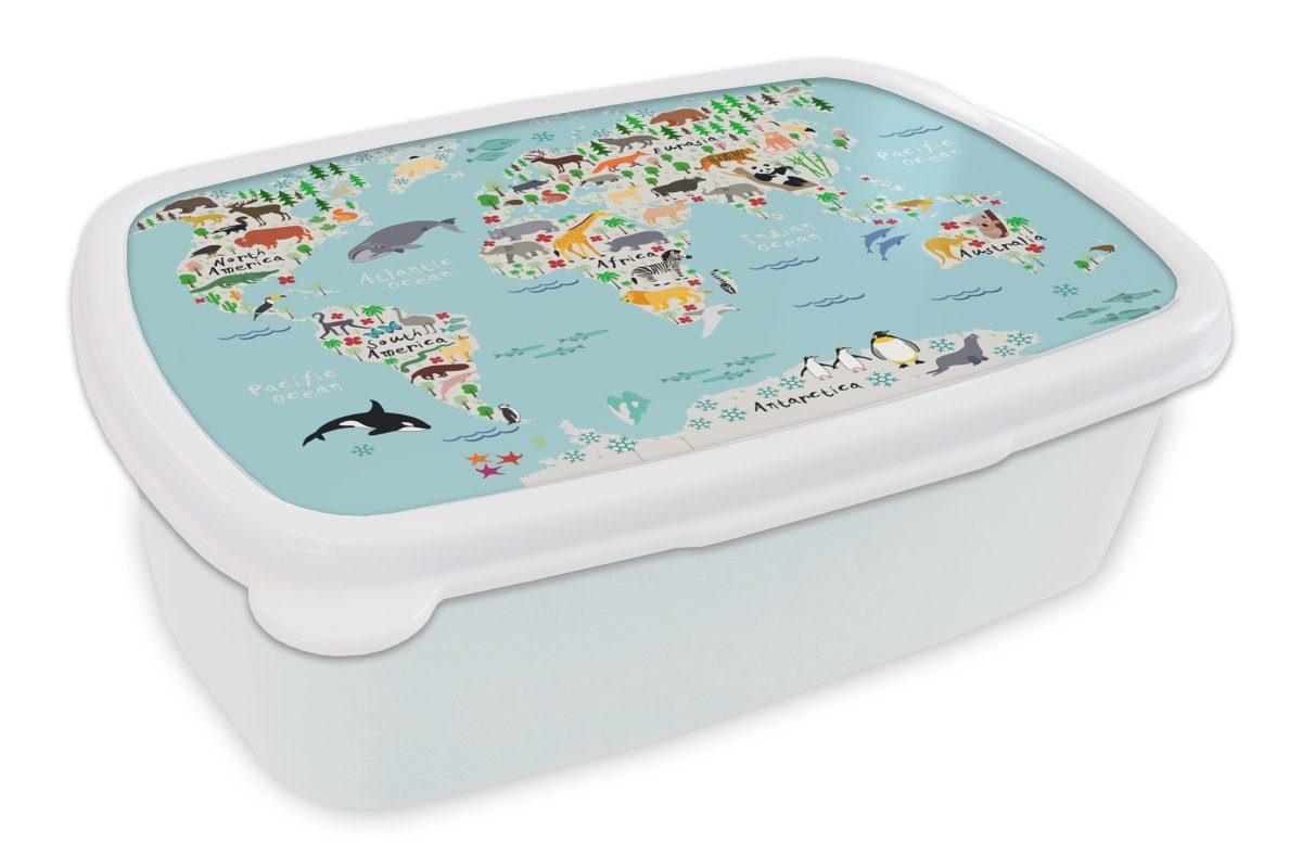 MuchoWow Lunchbox Weltkarte - Kinder - Tiere - Blau - Orca - Wal, Kunststoff, (2-tlg), Brotbox für Kinder und Erwachsene, Brotdose, für Jungs und Mädchen weiß