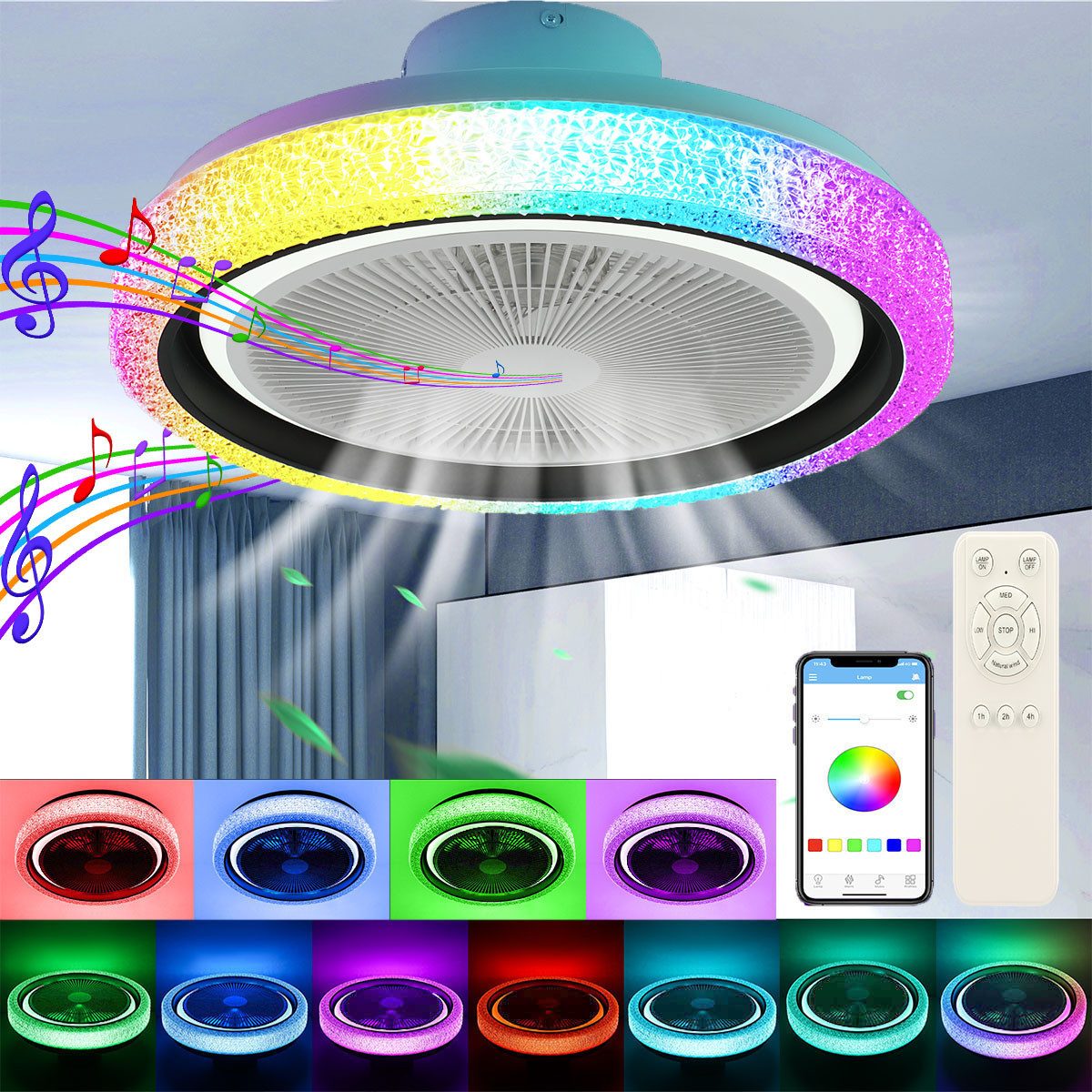 oyajia Deckenleuchte 50W RGB LED Deckenleuchte mit Bluetooth Lautsprecher, Deckenventilator, Luftzirkulationsfunktion, LED fest integriert, RGB Farbwechsel (300 – Bild 2 von 5