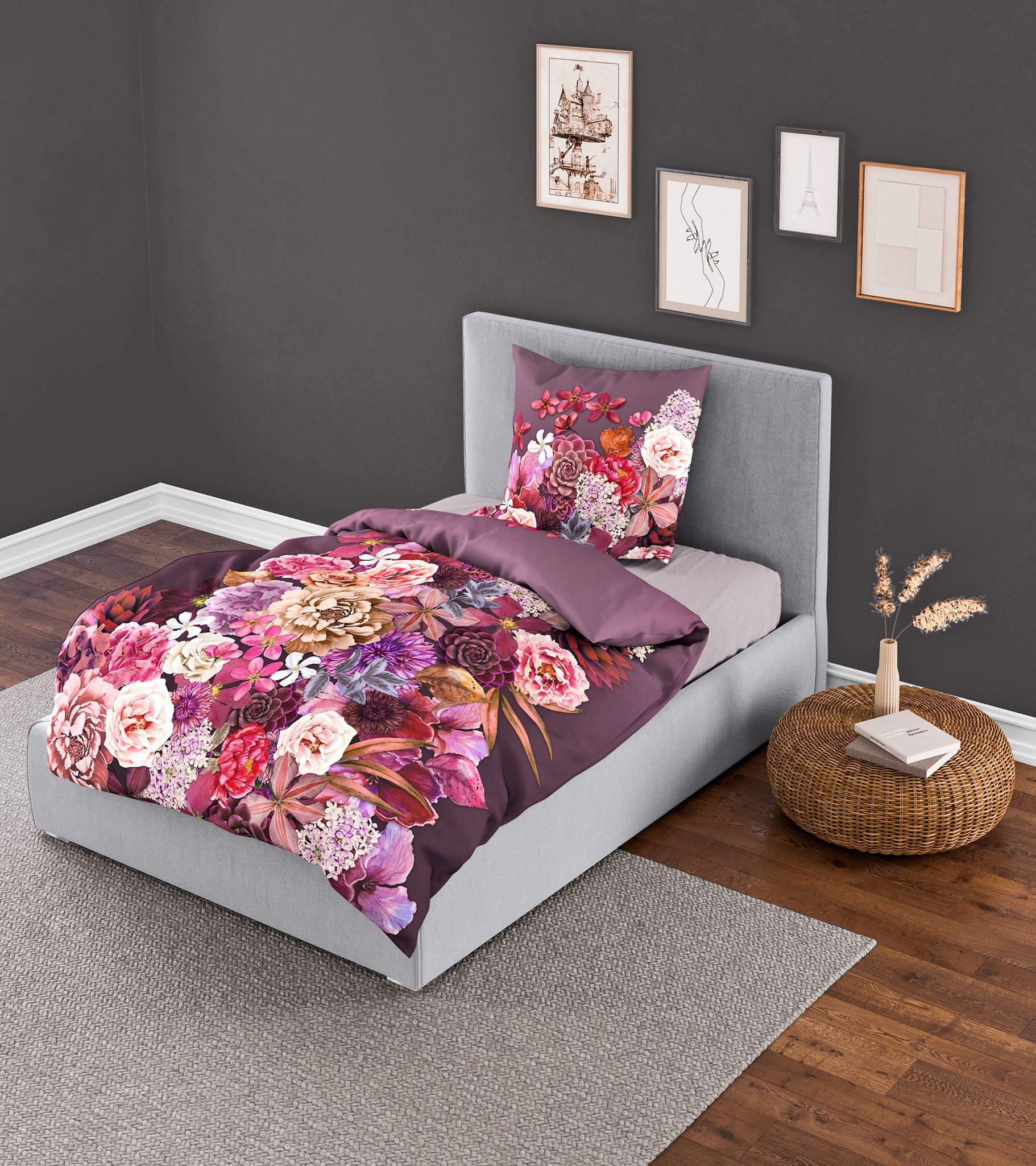 JACK Wendebettwäsche 135x200cm Digitaldruck Blumen Blüten Lila, Satin, 2 teilig, seidiger Glanz, elegantes Motiv in Violett