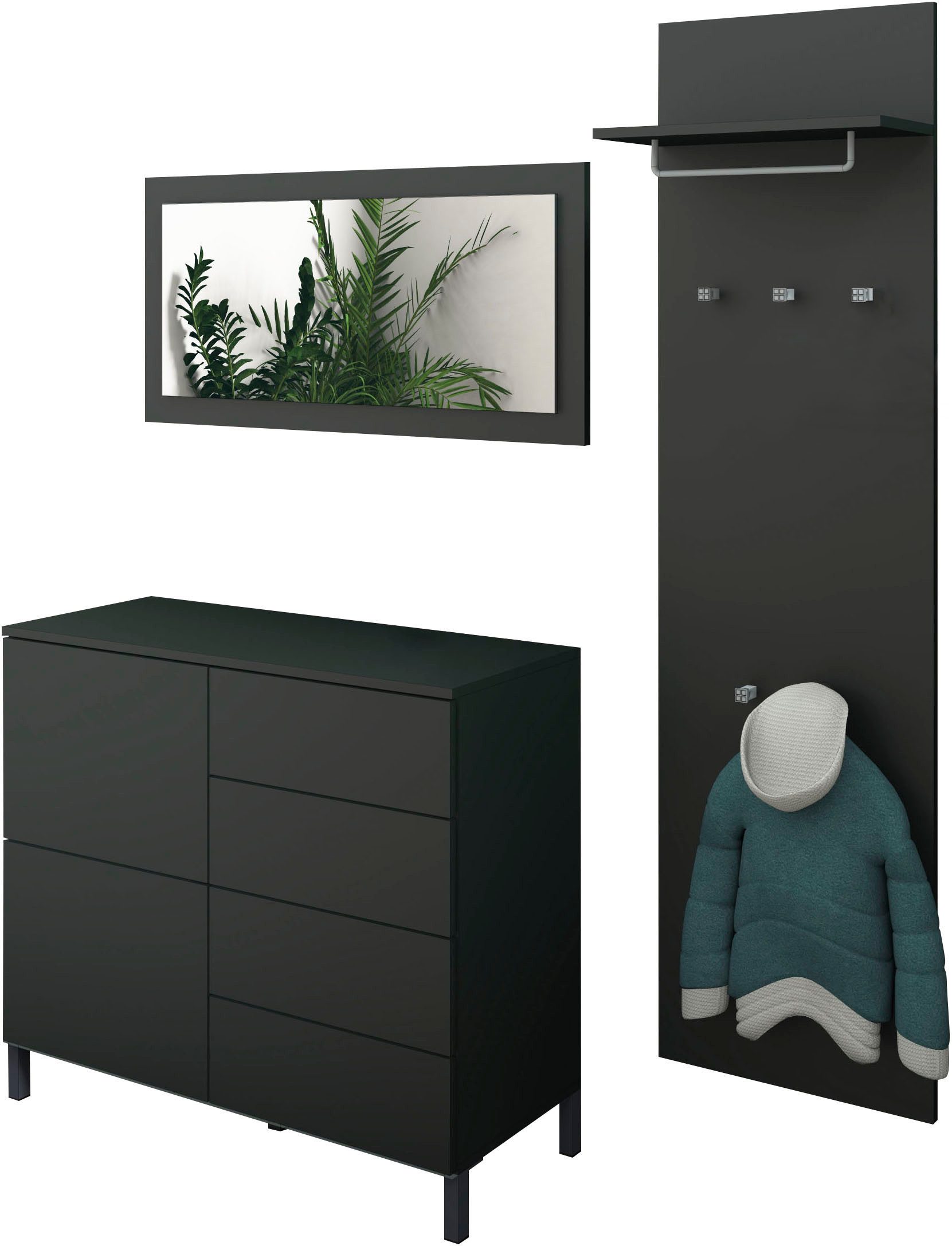 borchardt Möbel Garderoben-Set Haama 3-teilig mit Kommode, Wandpaneel und Spiegel, (3-St), Drucköffner (Push-To-Open), höhenverstellbare Einlegeböden