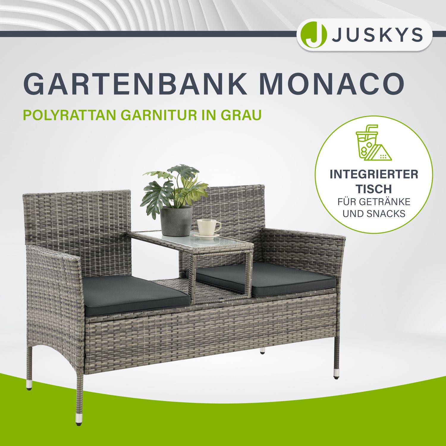 Juskys Balkonset Monaco, Balkonmöbel in Rattan-Optik, Polyrattan 2-Sitzer mit Tisch & Kissen