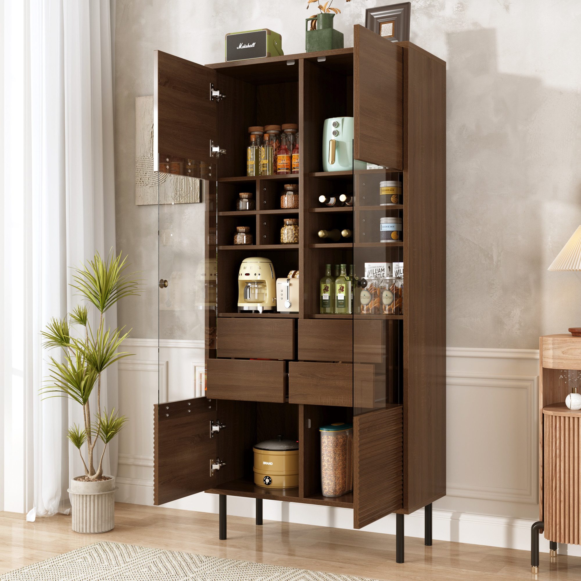 STILVORA Vitrine mit Glasfront,Highboard Sideboard mit Etagenregal&versteckte Schublade