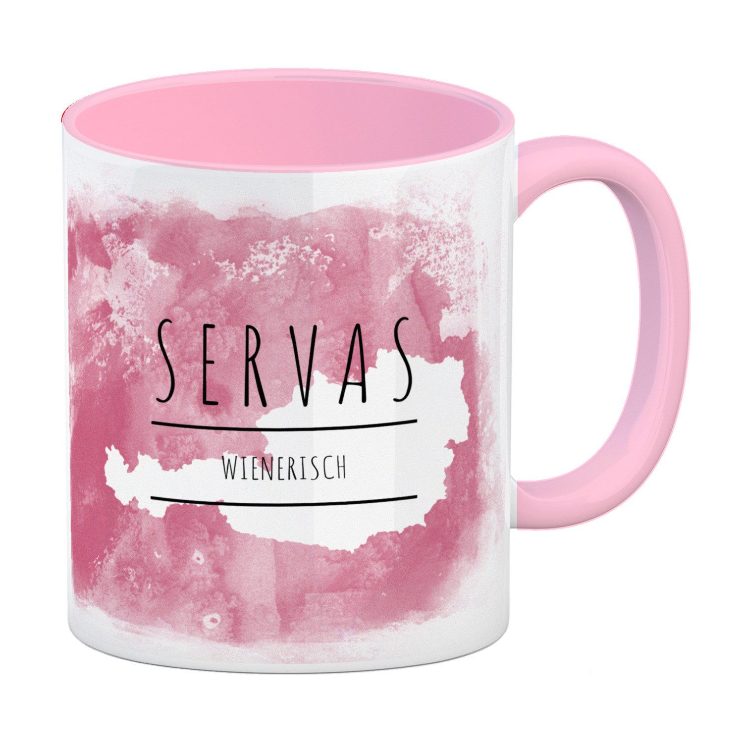 Tasse Hallo auf Wienerisch Servas lustiger Kaffeebecher Rosa mit rosaem