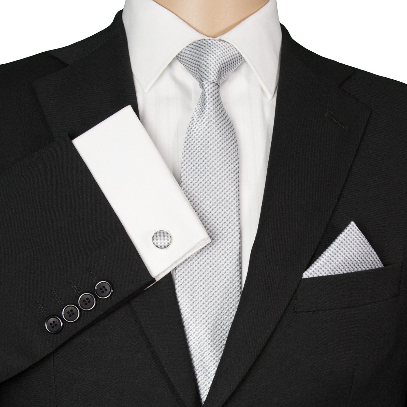 GASSANI Krawatte Karo Hochzeitskrawatte Tuch Festlich Schmal, Herren-Schlips Business (Set, 3-St., Manschettenknöpfe, Krawattenset, mit Einstecktuch) Kariert, Gepunktet, Punkte, Dots, Tupfen, Grid Struktur, Seide-Touch