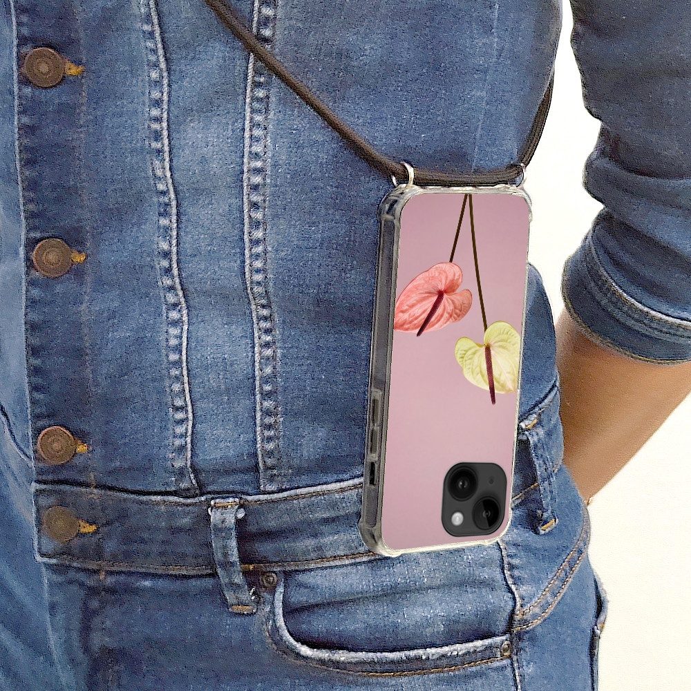 MuchoWow Handyhülle für Apple iPhone 14 Blumen - Anthurien - Gelb - Rosa, Tragbare Handyhüllen mit Kette zum umhängen, Handykette Handyband