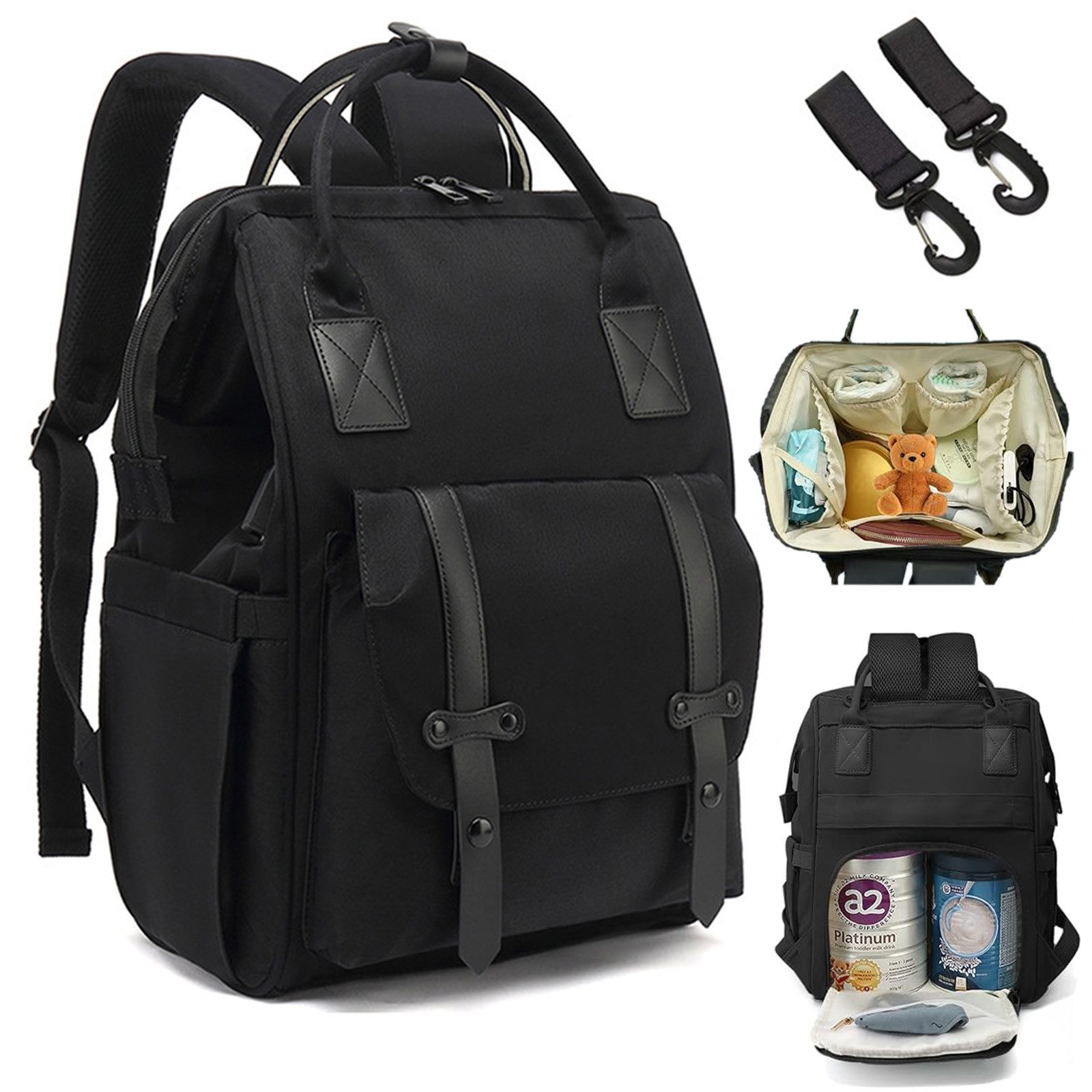 HAUSS SPOLE Wickelrucksack Baby Wickelrucksack Wickeltasche Rucksack mit Windelunterlage (Windeln Babyflasche Milchfläsche Rucksack Tasche mit USB-Anschluss, Babytasche, Wickelrucksack, Multifunktional), mit Kinderwagen-Haken