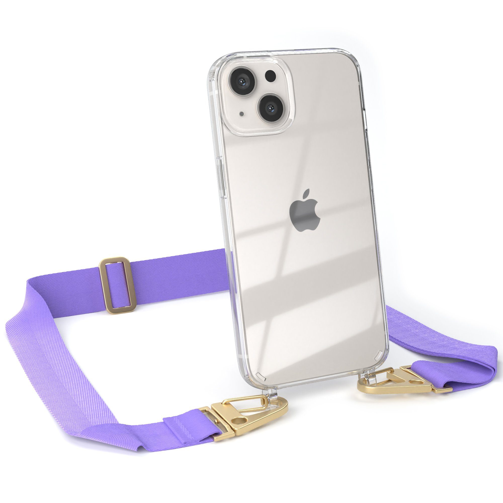EAZY CASE Handykette Silikon Kette Karabiner für Apple iPhone 13 6,1 Zoll, Hülle mit Band 2in1 Handyband Etui Case mit Kordel Flieder Lila Gold