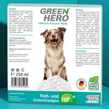 GreenHero Tiershampoo Floh- und Zeckenshampoo FORTE mit EC-Öl Zeckenschutz, 250 ml, Schützt vor Zecken, Flöhen, Milben, Läusen & Parasiten