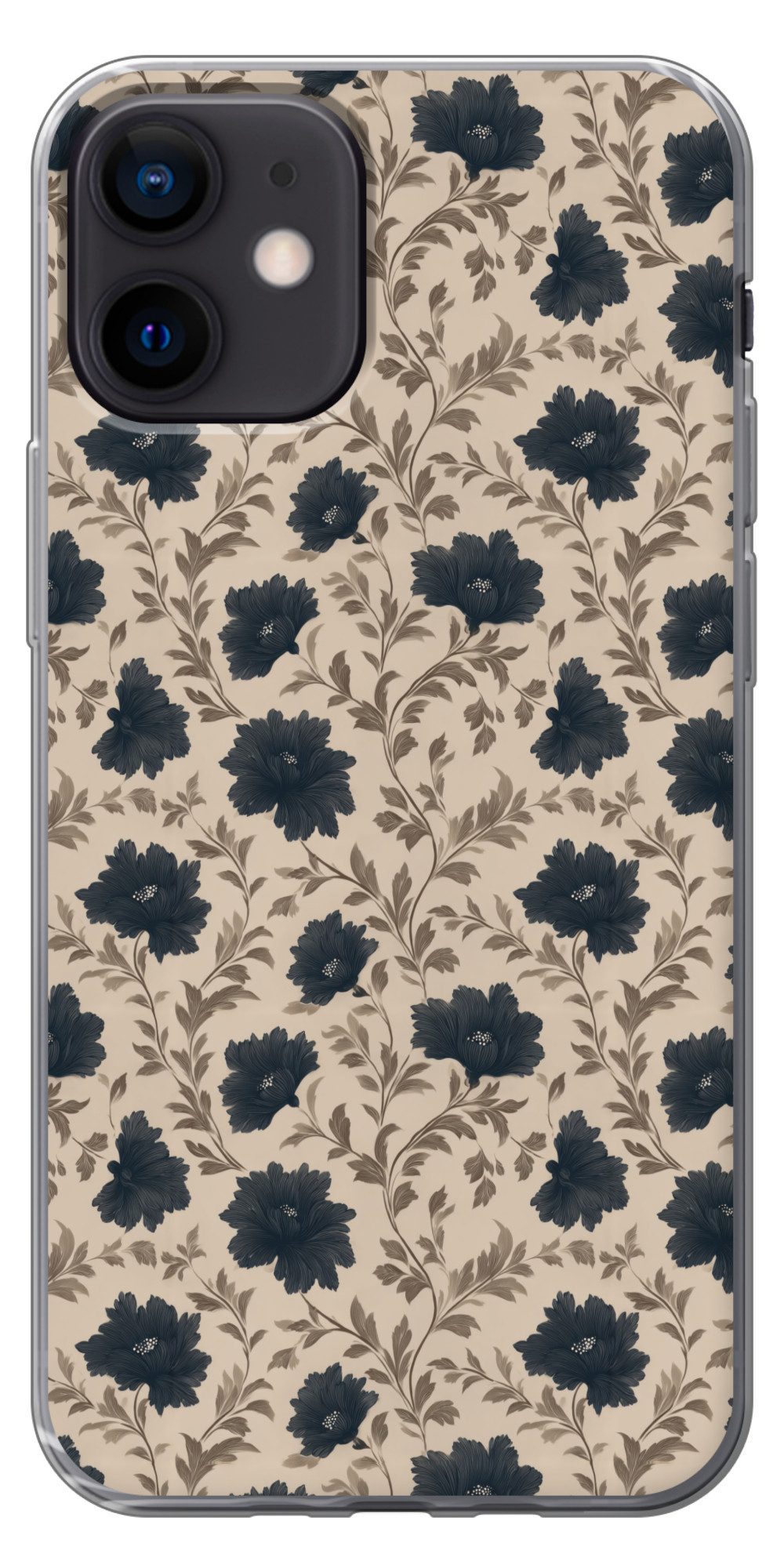 MuchoWow Handyhülle für Apple iPhone 12 Motiv - Blumen - Schwarz - Beige, Smartphone-Bumper, Print, Handy Schutzhülle Dünn